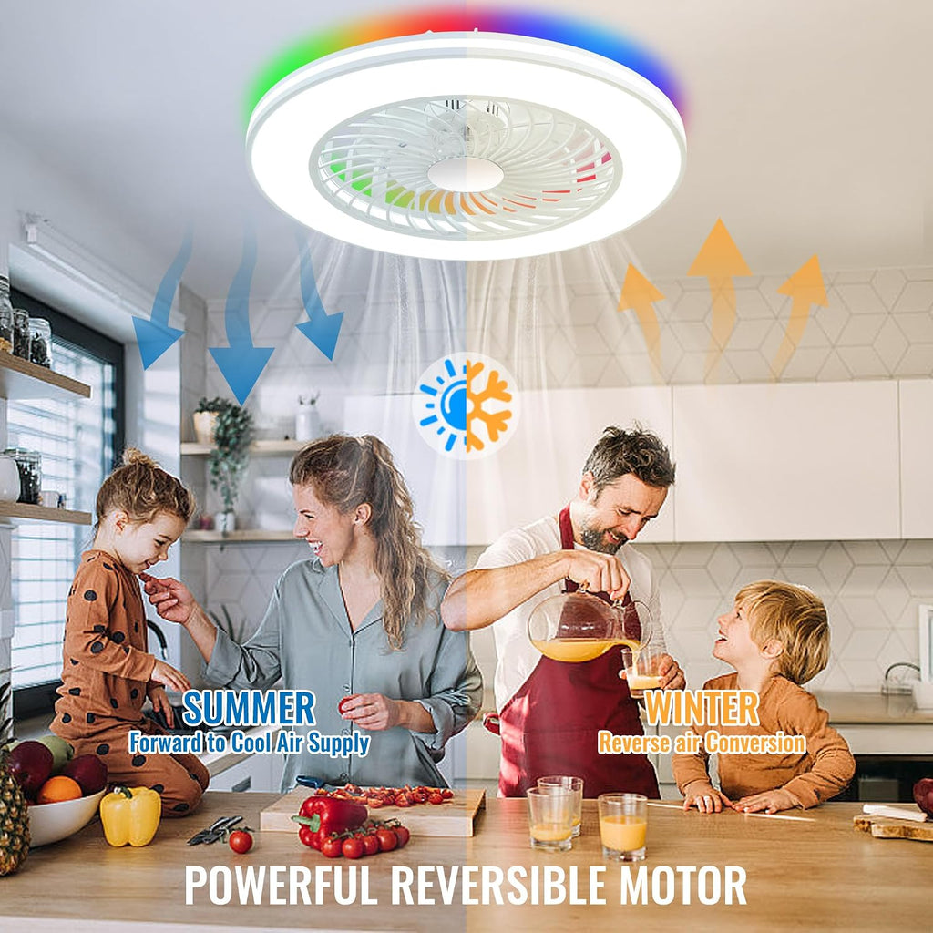 24'' Low Profile Bladeless Ceiling Fans with Lights, Remote/APP/Alexa Smart Control, RGB & 3CCT Dimmable, Flush Mount Ceiling Fan with 6-Speed Reversible for Bedroom Living Room