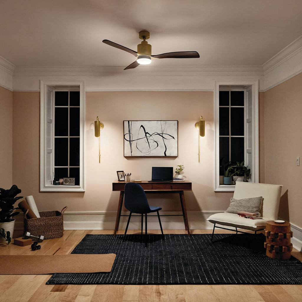 Kichler Ridley II 52' Ceiling Fan and Light Kit in Natural Brass, 3-Blade LED Ceiling Fan in Cherry Finish, 3000K, (52' W x 14.5' H), 300027NBR
