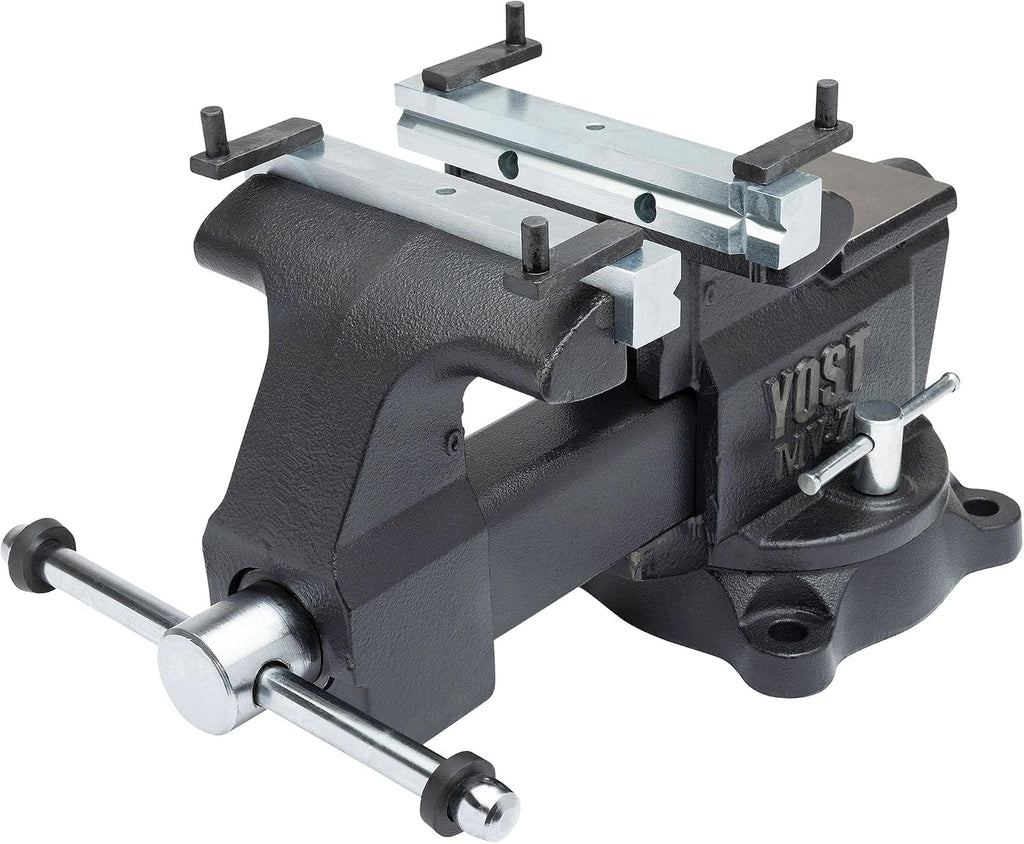 Yost MV-7 Multipurpose 7' Wide Jaw Homeowners Bench Vise | Industrial & Workshop-Grade Work Table Mechanic Tools for Wood Working, Metal Works, & DIY Projects | 360° Swivel Base | Includes 4 Jaw Dogs