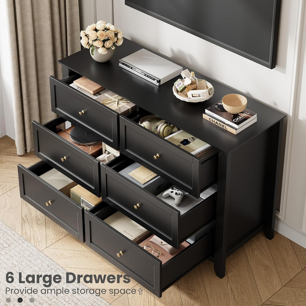 IDEALHOUSE Black 6 Drawer Dresser for Bedroom, Large Dresser with Deep Drawers & Metal Knobs, Modern Wooden Chests of Drawers for Entryway, Hallway