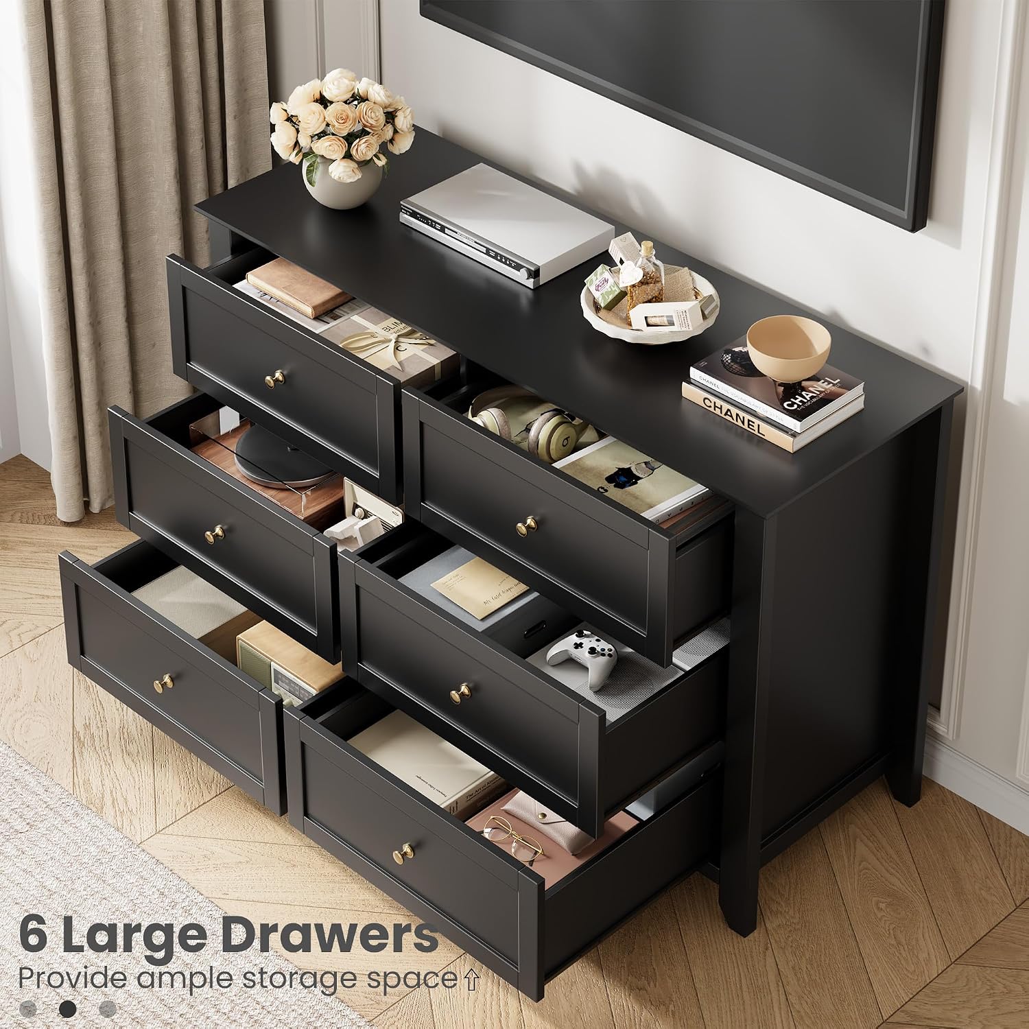 IDEALHOUSE Black 6 Drawer Dresser for Bedroom, Large Dresser with Deep Drawers & Metal Knobs, Modern Wooden Chests of Drawers for Entryway, Hallway
