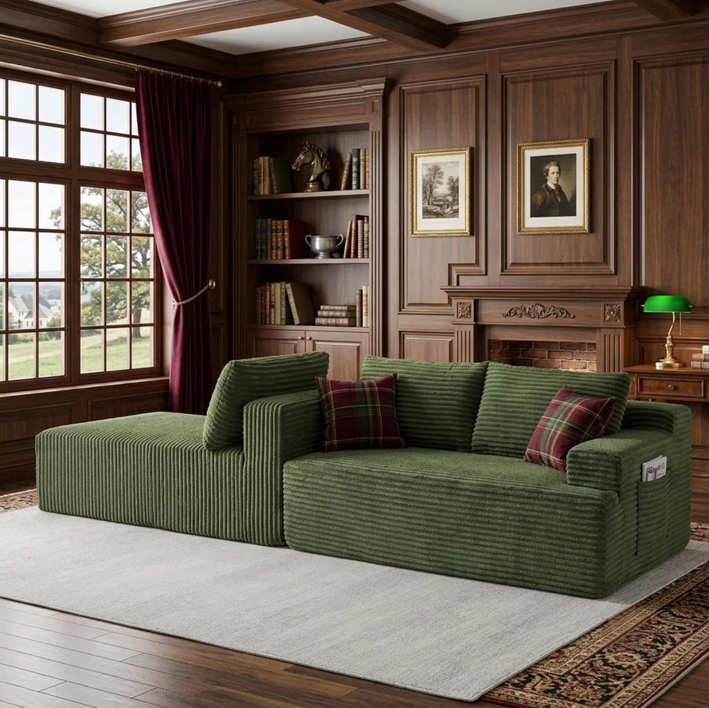 96' Corduroy Sectional Sofa Boneless Couches for Living Room - L Shaped Compressed Cloud Couch with Left Facing Chaise Lounge and Side Pockets