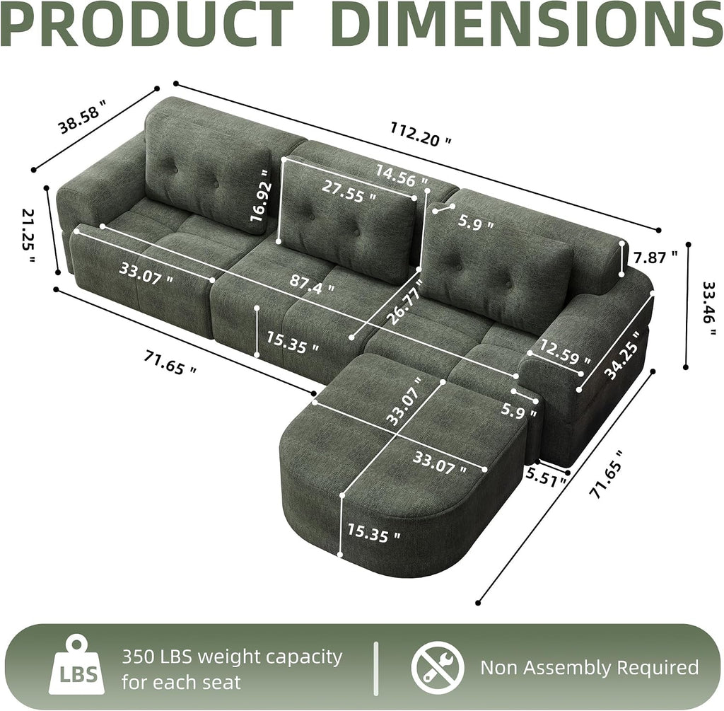 112' Compressed Boneless Sectional Sofa with Movable Ottoman Convertible L Shaped Modular Corner Couch for Living Room - Oversized Cloud Couches W/Tufted Cushions and Deep Seat