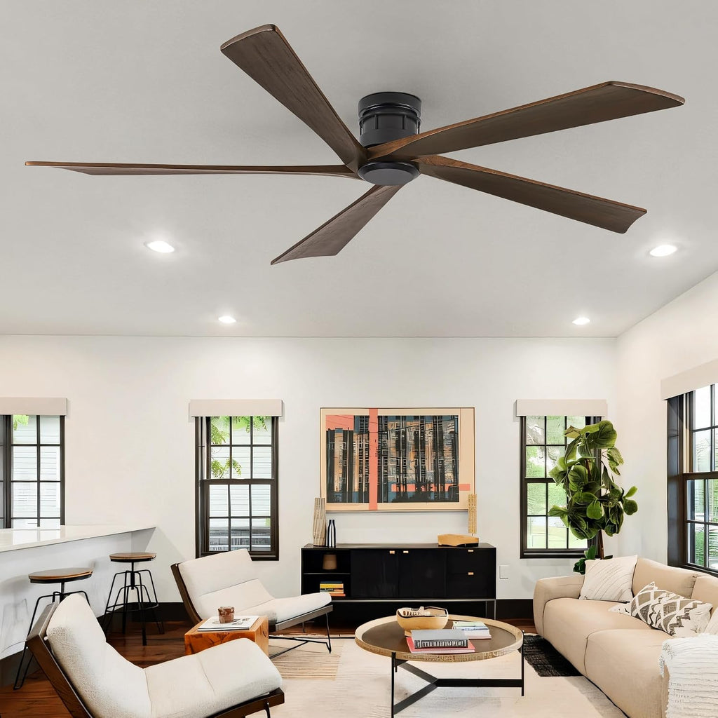 EKIZNSN 84 Inch Low Profile Flush Mount Outdoor Ceiling Fan without Light for Patios, 5 Walnut Wood Blades, 6-Gear Speed, 110V Noiseless DC Motor (Black Finish with Walnut Blades)
