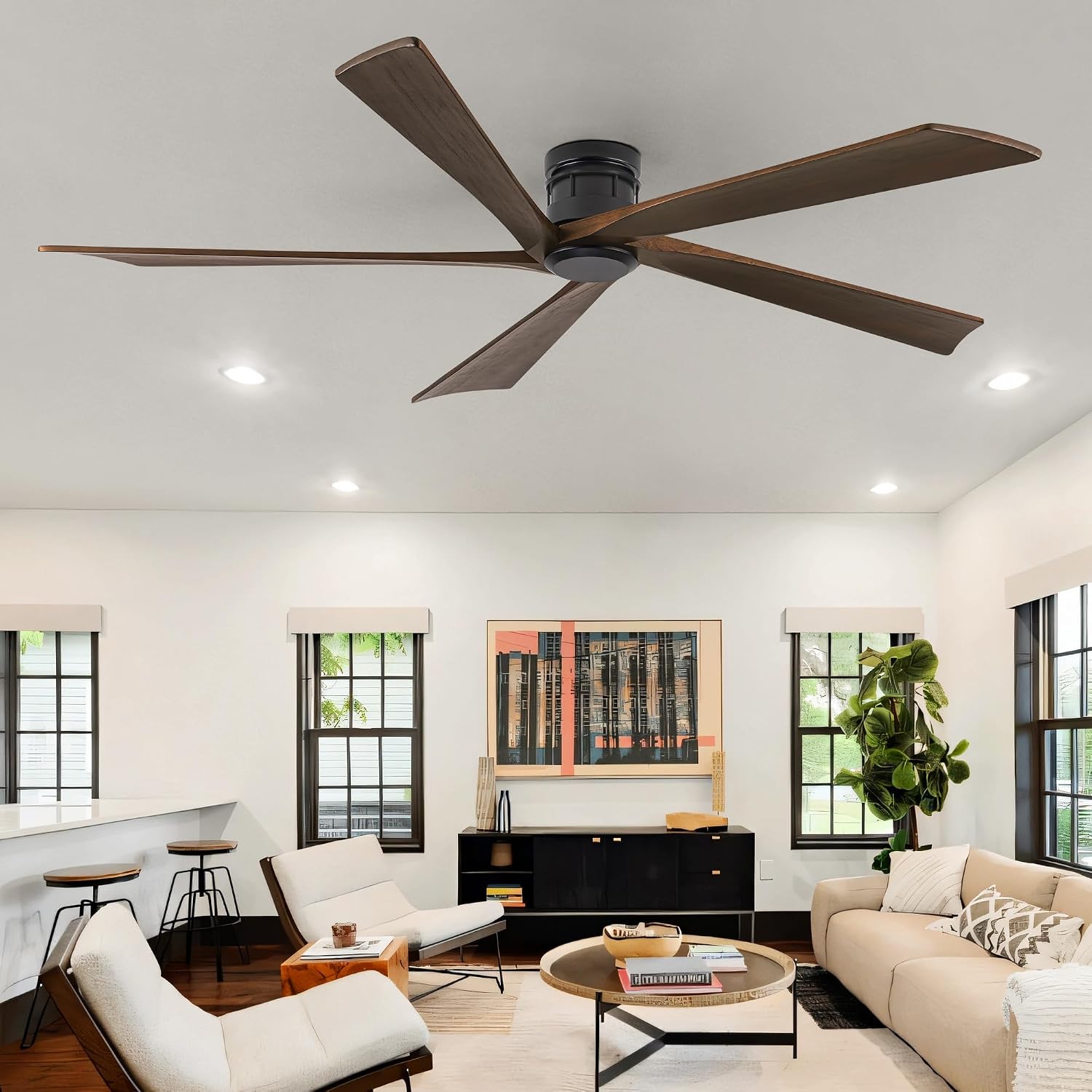EKIZNSN 84 Inch Low Profile Flush Mount Outdoor Ceiling Fan without Light for Patios, 5 Walnut Wood Blades, 6-Gear Speed, 110V Noiseless DC Motor (Black Finish with Walnut Blades)