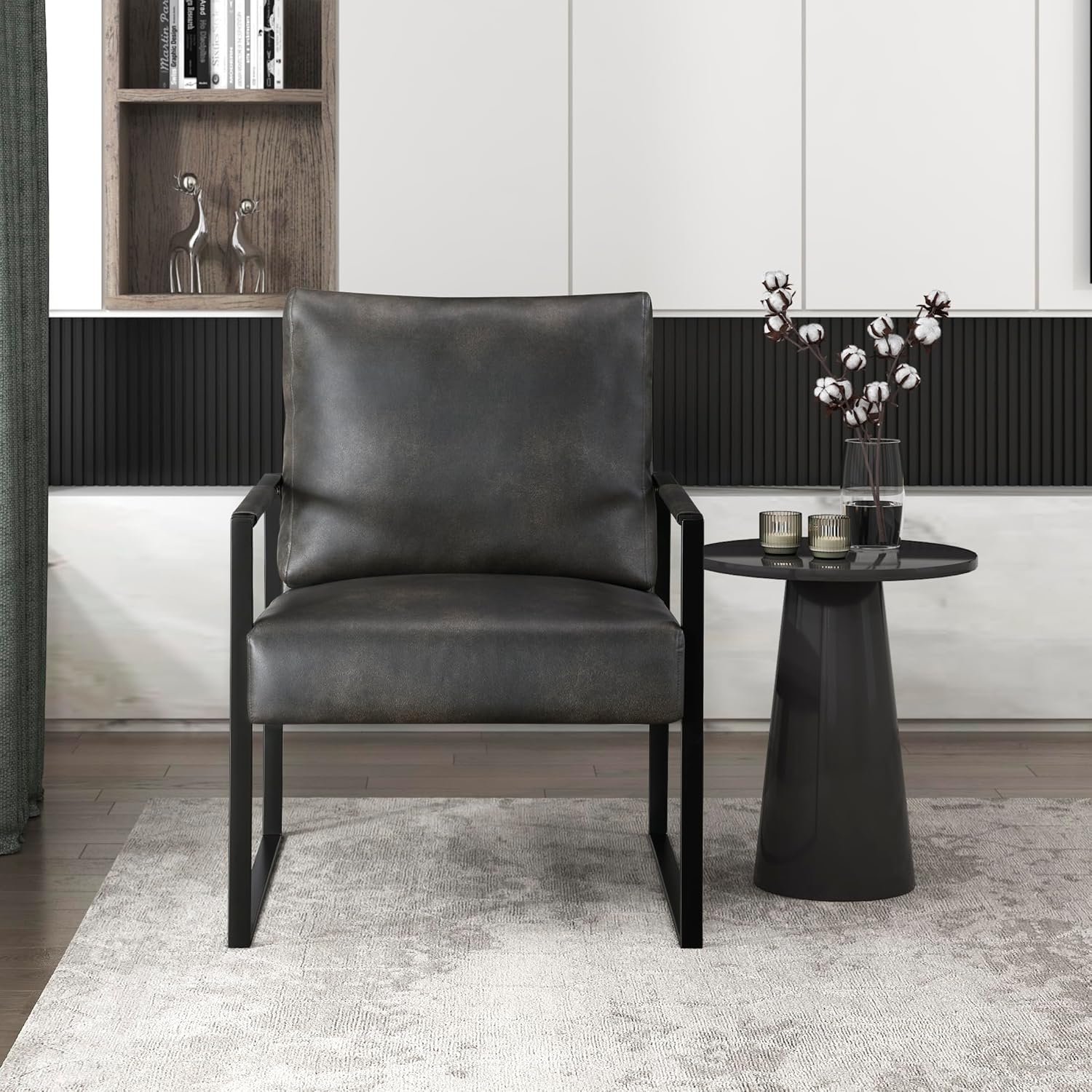 Lexicon Modern Accent Chair, Faux Leather Upholstered Living Room Chair With Wrapped Armrests,Arm Chair With Black Metal Frame,Comfy Single Chair For Living Room/Bedroom/Reading Room/Office,Dark Brown