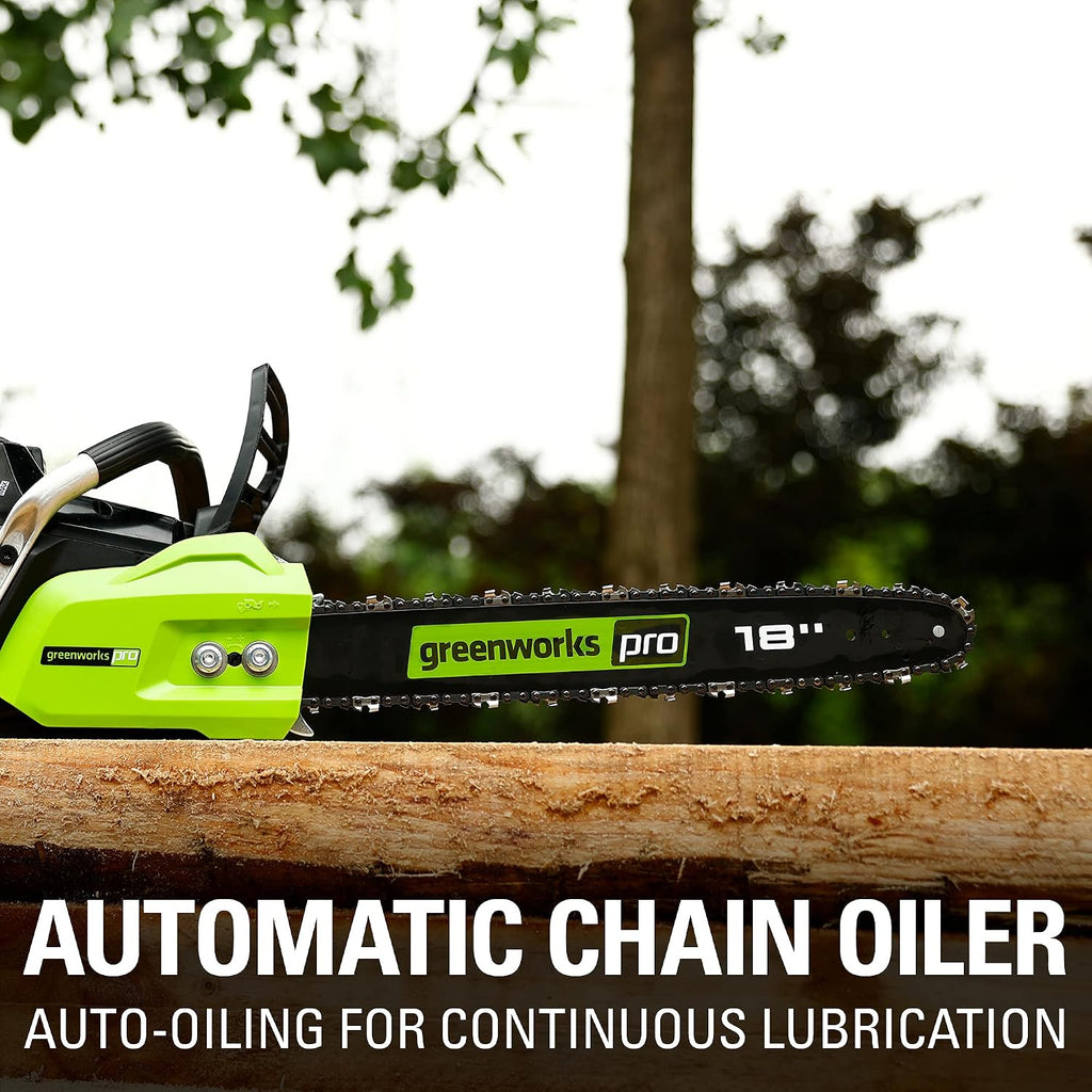 Greenworks 80V 18' Brushless Cordless Chainsaw (Great For Tree Felling, Limbing, Pruning, and Firewood) / 75+ Compatible Tools), 2.0Ah Battery and Rapid Charger Included