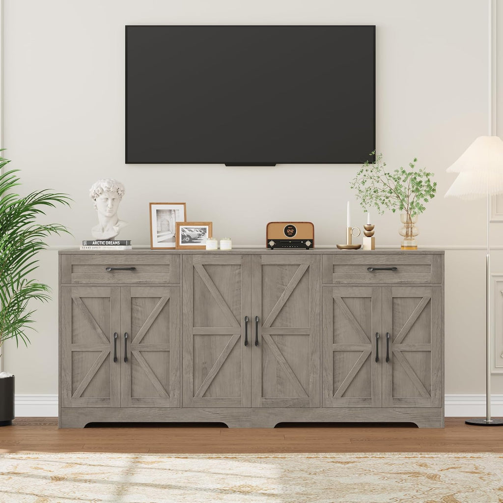 BOTLOG 71' Large Sideboard Buffet Cabinet with Storage, Farmhouse Kitchen Buffet Cabinet with Adjustable Shelves and 6 Barn Doors, Wood Coffee Wine Bar Console Table, White, Ash Grey (Ash Grey)