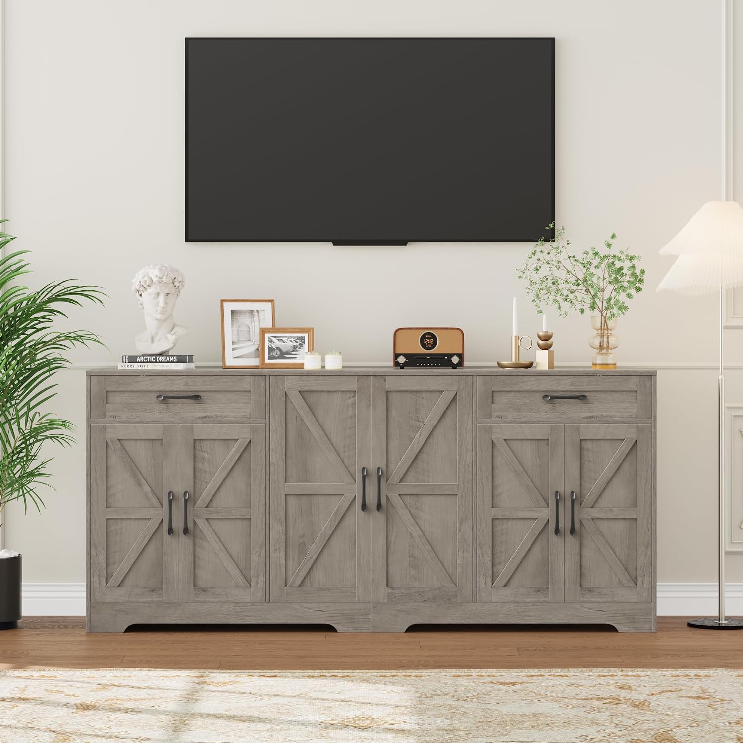 BOTLOG 71' Large Sideboard Buffet Cabinet with Storage, Farmhouse Kitchen Buffet Cabinet with Adjustable Shelves and 6 Barn Doors, Wood Coffee Wine Bar Console Table, White, Ash Grey (Ash Grey)