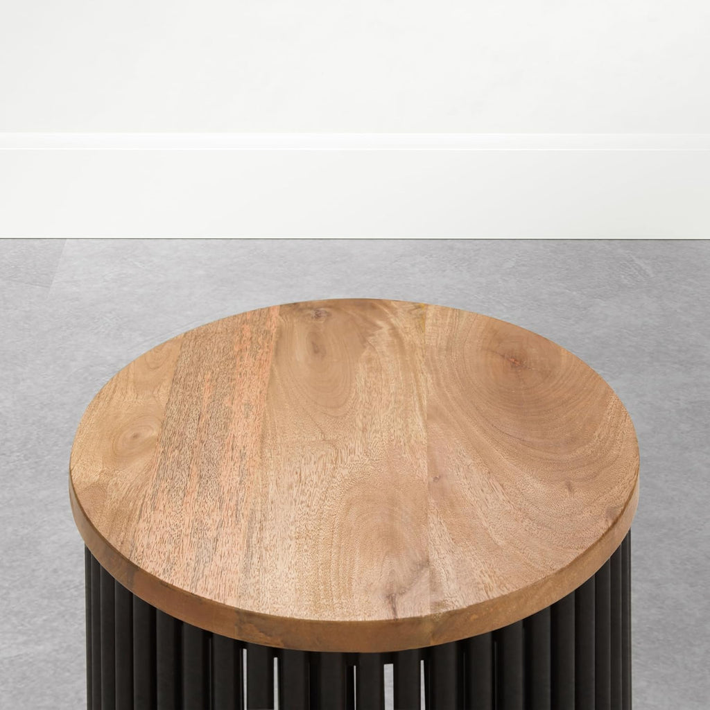 SIMPLIHOME Demy Accent Table - 18 inch Wide Solid Mango Wood and Metal Round Side Table in Earthtone/Ebony, Modern End Table for Living Room or Bedroom with Slatted Base Design, Assembled