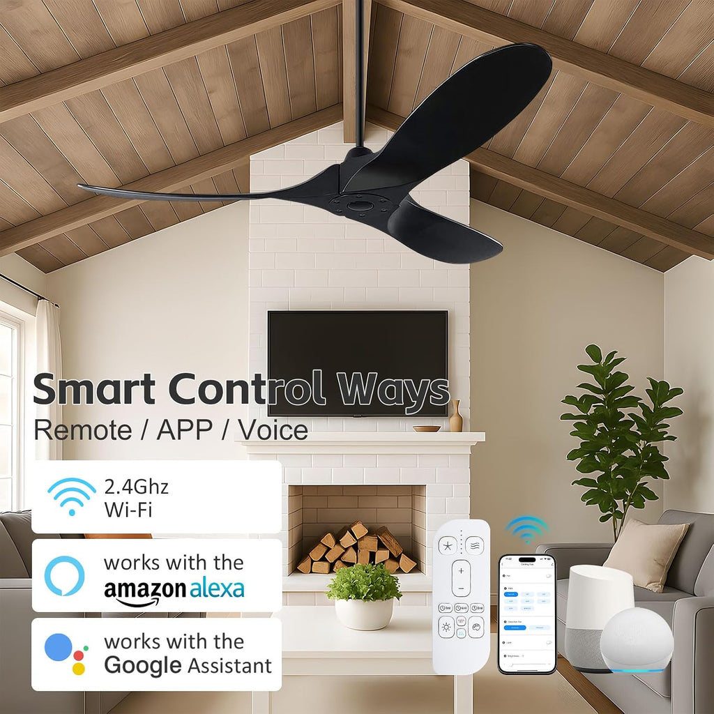 60 inch Black Outdoor Ceiling Fan for Patios without Lights Damp Rated, Large Airflow Smart Ceiling Fan with Alexa/Remote/App Control, Outdoor Wood DC Fan No Light for Commercial Indoor Exterior Porch