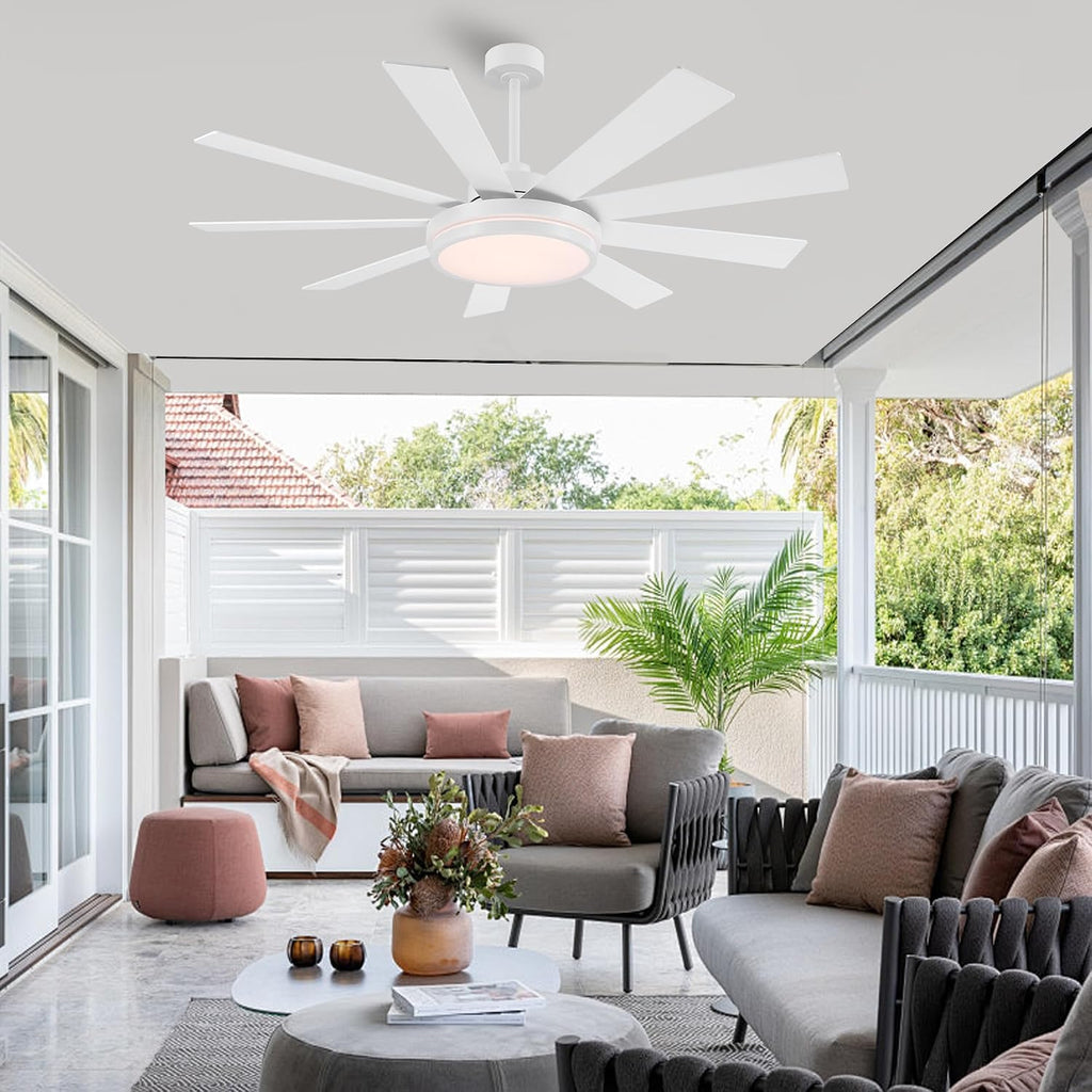 WINGBO 60' Ceiling Fan with Light - Large LED Dimmable Light, 6-Speed Remote Control, Reversible DC Motor, Modern Ceiling Fan 9 Blades for Bedroom, Living Room, Indoor Outdoor White and Oak