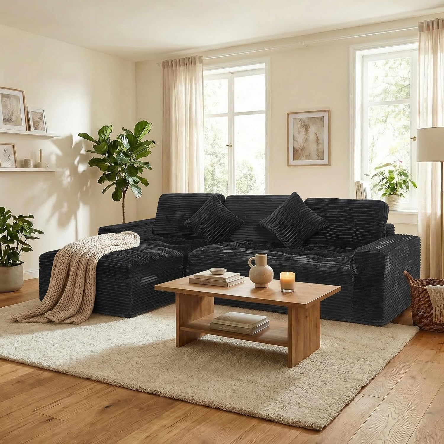 Eafurn 105' L-Shaped Boneless Modular Sectional Sofa with Movable Ottoman, Comfy Corduroy Floor Couch with Deep Seat and Tufted Seat, Flexible Module Combination for Living Room, No Assembly
