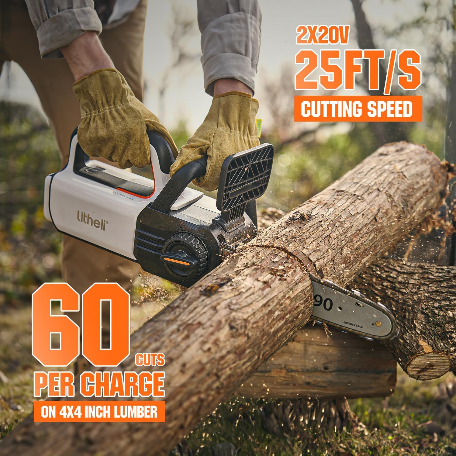 Litheli 12' Brushless Electric Battery Chainsaw, Chain Saw with 2 x 20V MAX 2.0Ah Battery，Cordless Handheld Battery Powered Chainsaw Auto-Lubrication for Wood Cutting Trimming Courtyard