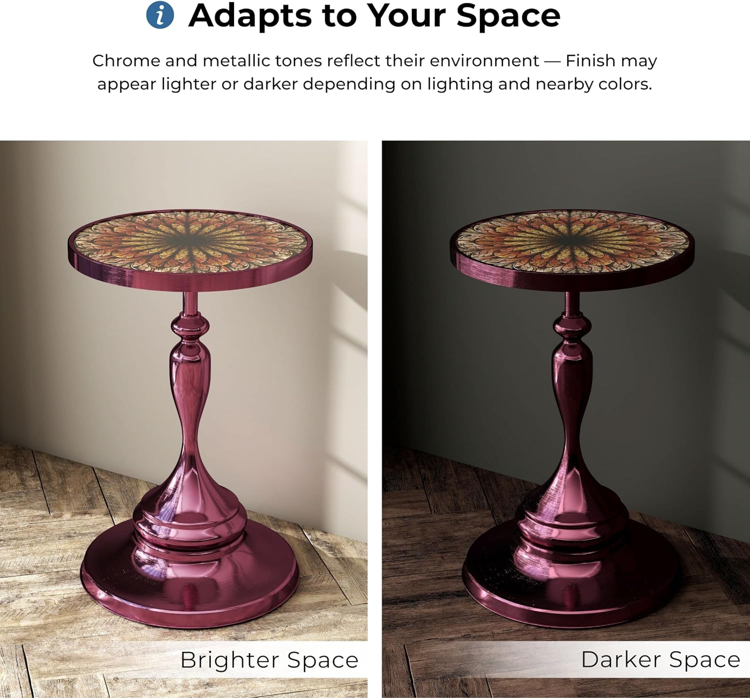 Homes: Inside + Out Halric Modern 24' Tall Round End Table with Decorated Tabletop and Iron Metal Base, Accent Furniture, Elegant Pedestal Stand for Living Room, Home Office, Chrome Purple