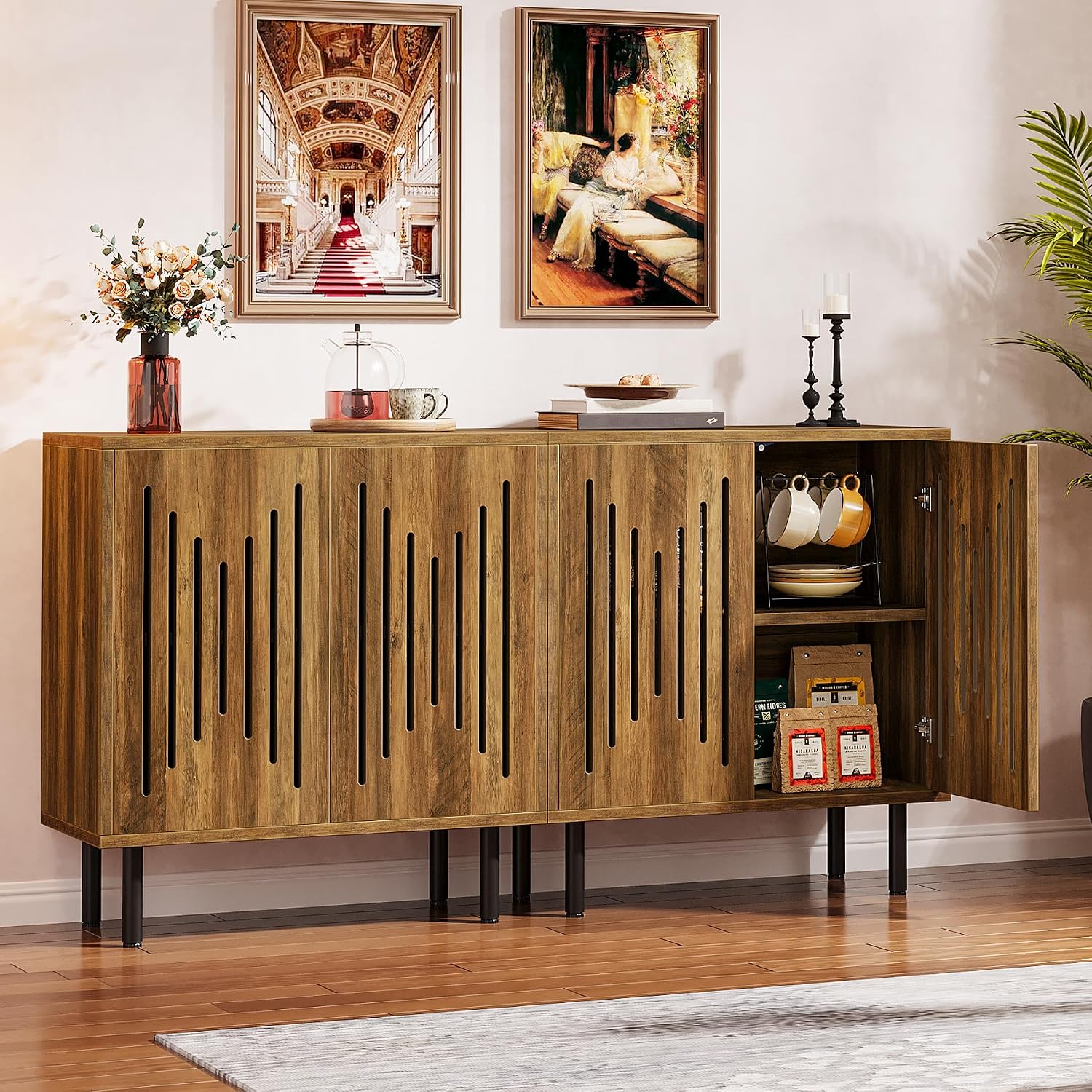 Tribesigns Set of 2 Sideboard Buffet with Storage, 59' Buffet Sideboard Cabinet with Adjustable Shelves, Accent Storage Cabinet for Living Room, Rustic Brown