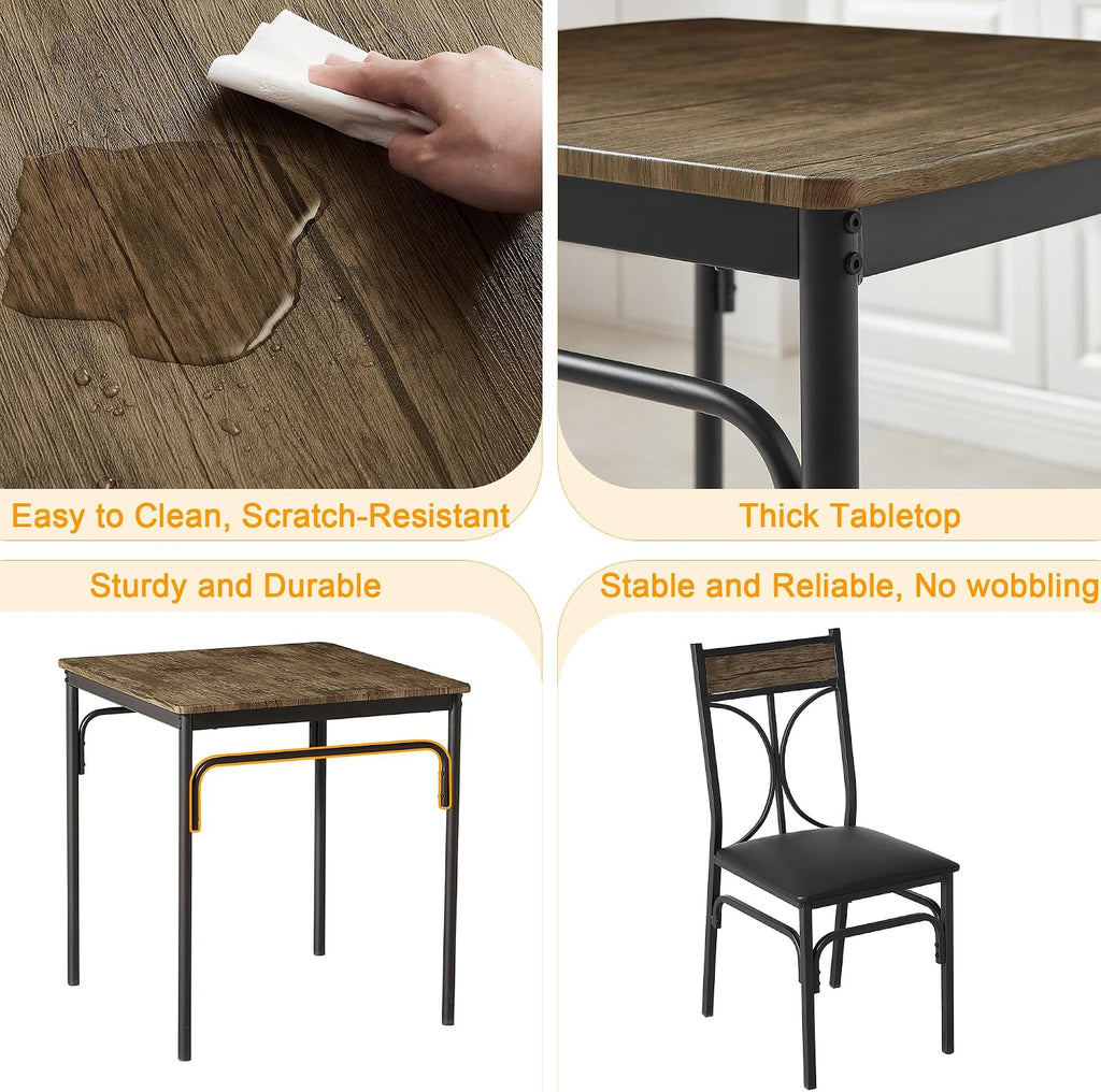 VECELO 3 Piece Dining Table Set for 2, Kitchen Table Set with 2 Chairs for Small Space, Space-Saving and Modern Design, Apartment, Easy to Assemble, Retro Brown