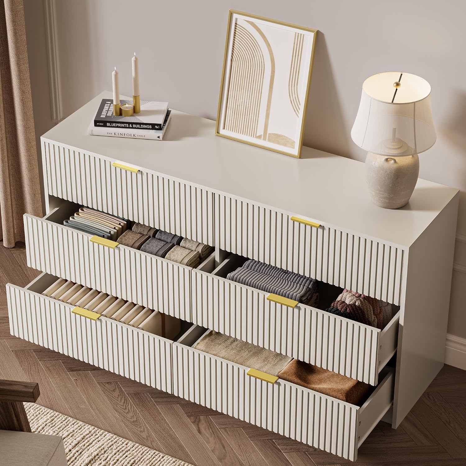 MAISONARIA 6 Drawer Dresser for Bedroom, 55' Wide Modern Chest of Drawers with Gold Metal Handles, Fluted Wood TV Stand for Living Room, Hallway(Beige)