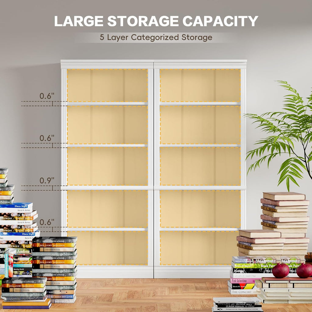 Shahoo 72' Bookcase and Bookshelf, 5-Tier Wood Bookcases with Shelves, Tall Floor Standing Book Shelf Storage Cabinet Home Decor Furniture for Living Room, Home Office 2 Pcs, White