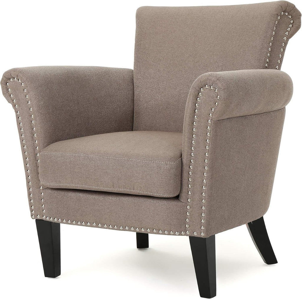 Christopher Knight Home Brice Vintage Scroll Arm Studded Fabric Club Chair, Light Coffee / Dark Brown, 31D x 29.5W x 31.5H in