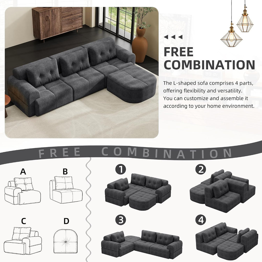 112' Compressed Boneless Sectional Sofa with Movable Ottoman Convertible L Shaped Modular Corner Couch for Living Room - Oversized Cloud Couches W/Tufted Cushions and Deep Seat