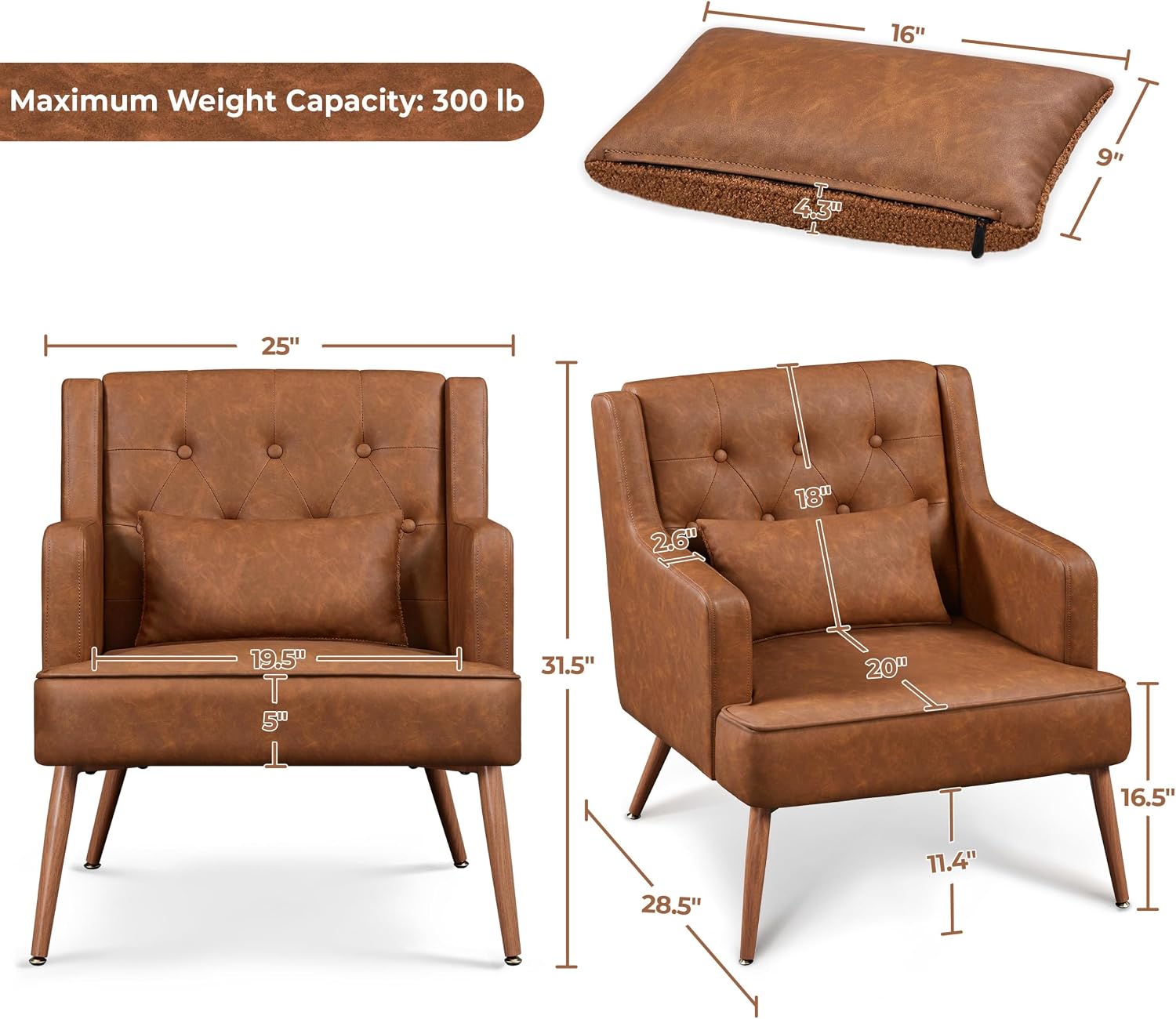 Yaheetech Accent Chair, Living Room Chair Mid Century PU Leather Armchair Lumbar Pillow, Comfy Upholstered Reading Chair Wood Leg Bedroom Lounge Brown