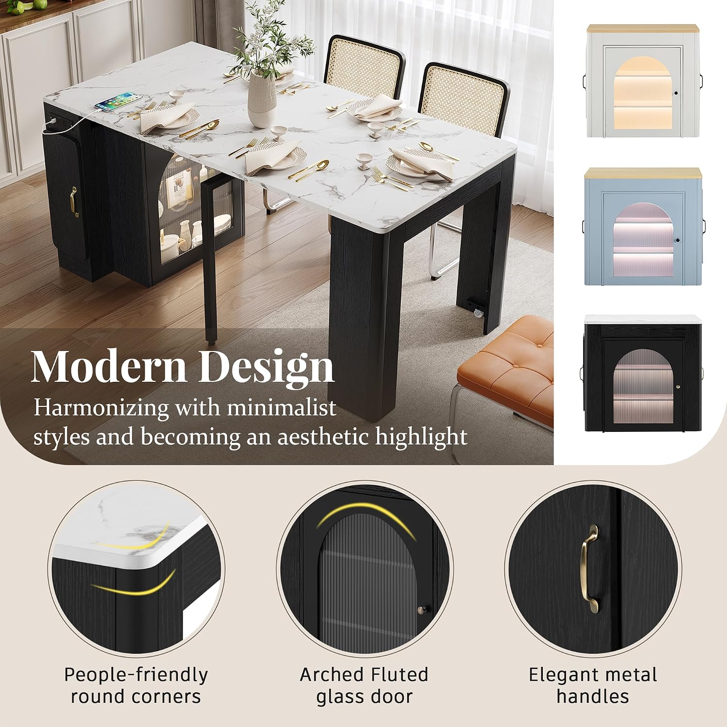 15.6' - 59' Extendable Dining Table, Mobile Kitchen Island with Storage Cabinet, Power Outlet and LED Lights, Space-Saving Dining Table for Small Spaces, Black and Marble White