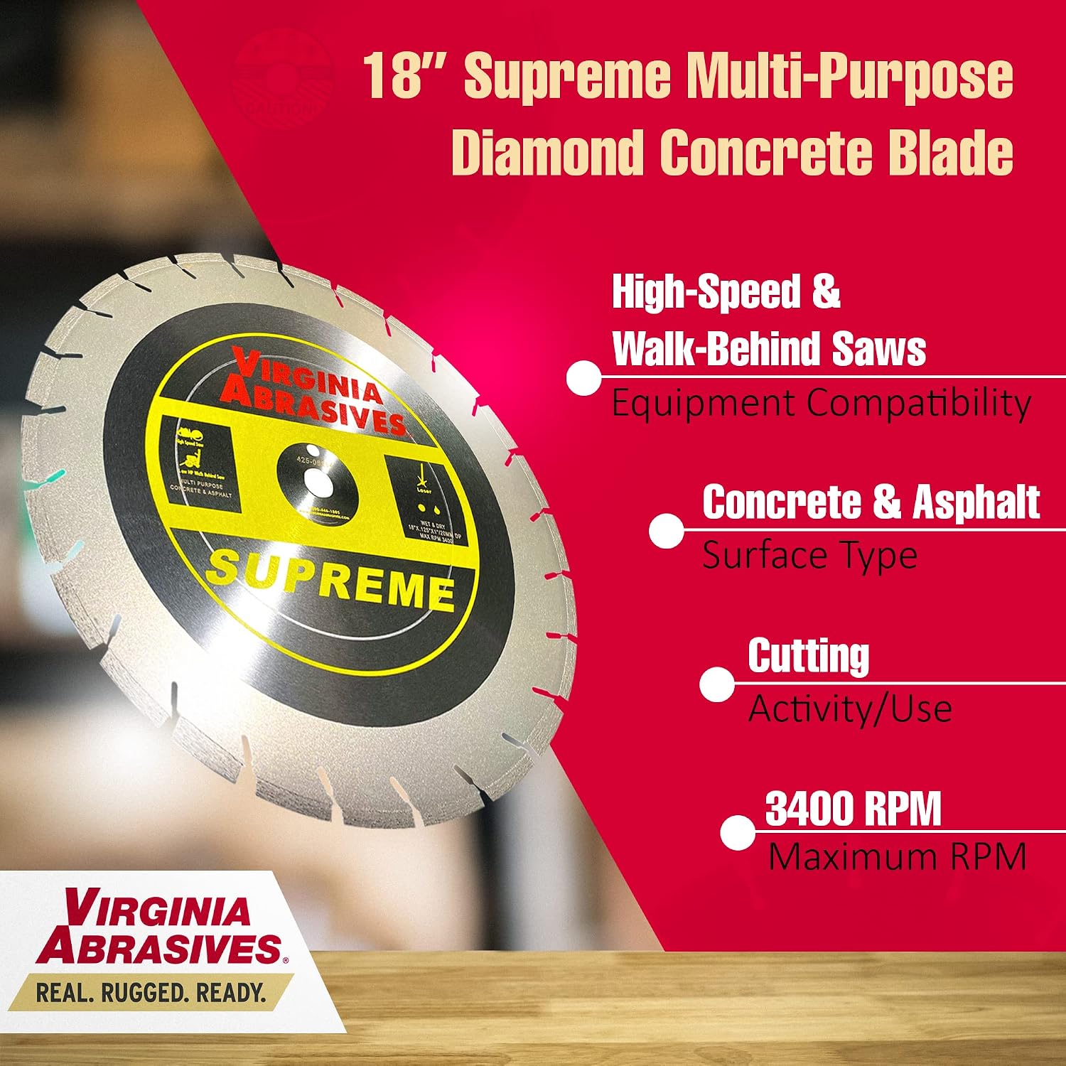 Virginia Abrasives 425-06264 - 1pc 18' Pro-Cut Multi-Purpose High Speed Diamond Blade - Wet/Dry Cutter - High-Speed Performance Tool (18' x .125' x 1'/20mm) - Ideal for Concrete, and Asphalt