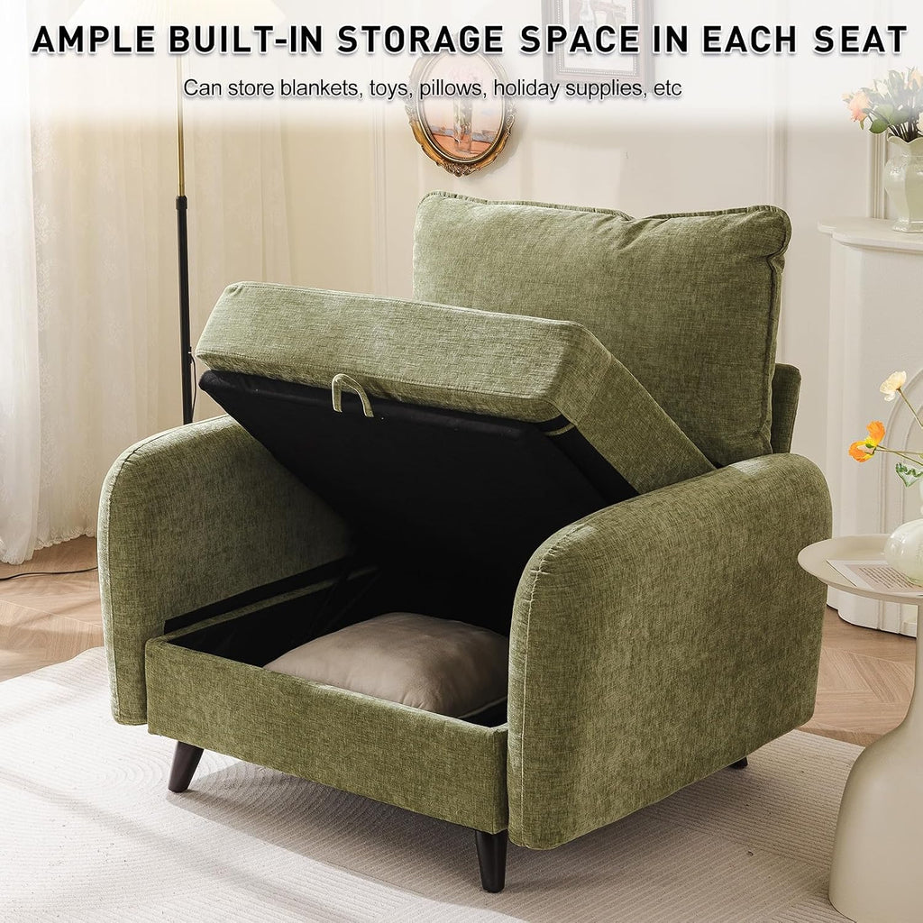 Rexulqo Oversized Accent Chair with All Seats Storage,Comfy Living Room Chairs with 2 Throw Pillow,Upholstered Mid-Century Armchair,24.5'' Deep Seat,Reading Chair for Bedroom,Office,Chenille,Green