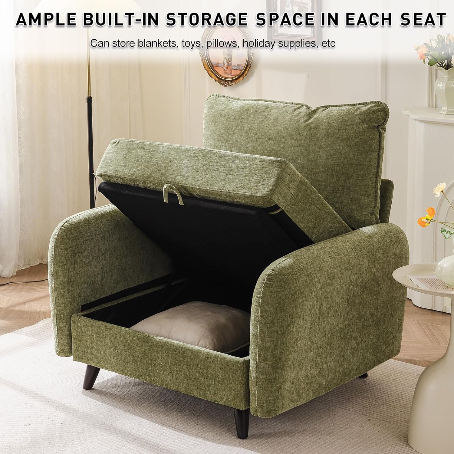 Rexulqo Oversized Accent Chair Set of 2,All Seats Storage,Comfy Armchair,24.5'' Deep Seat,Upholstered Living Room Chairs,Reading Chair for Bedroom,Office,Chenille,Green