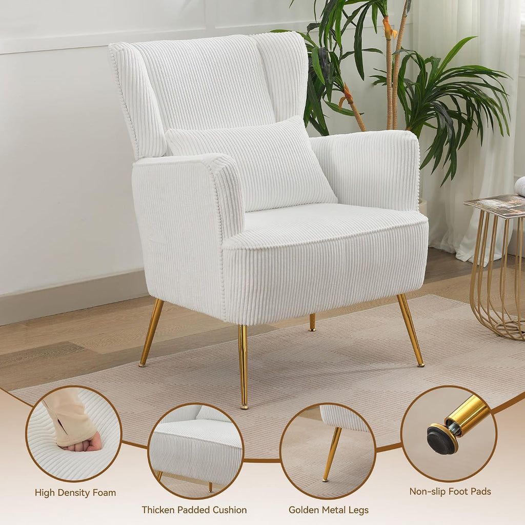 WUTUTUEE Corduroy Accent Living Room Arm Chair with Pillow & Golden Legs, 8.5' Thick Cushion, Mid Century Modern Wingback Chairs Upholstered Comfy Sofa Armchair for Reading Room/Bedroom, White