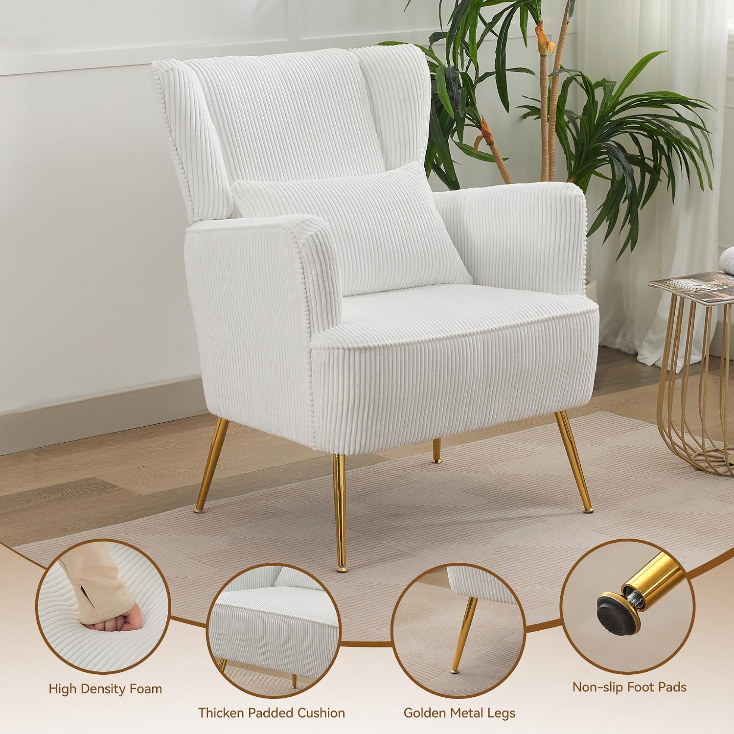 WUTUTUEE Corduroy Accent Living Room Arm Chair with Pillow & Golden Legs, 8.5' Thick Cushion, Mid Century Modern Wingback Chairs Upholstered Comfy Sofa Armchair for Reading Room/Bedroom, White