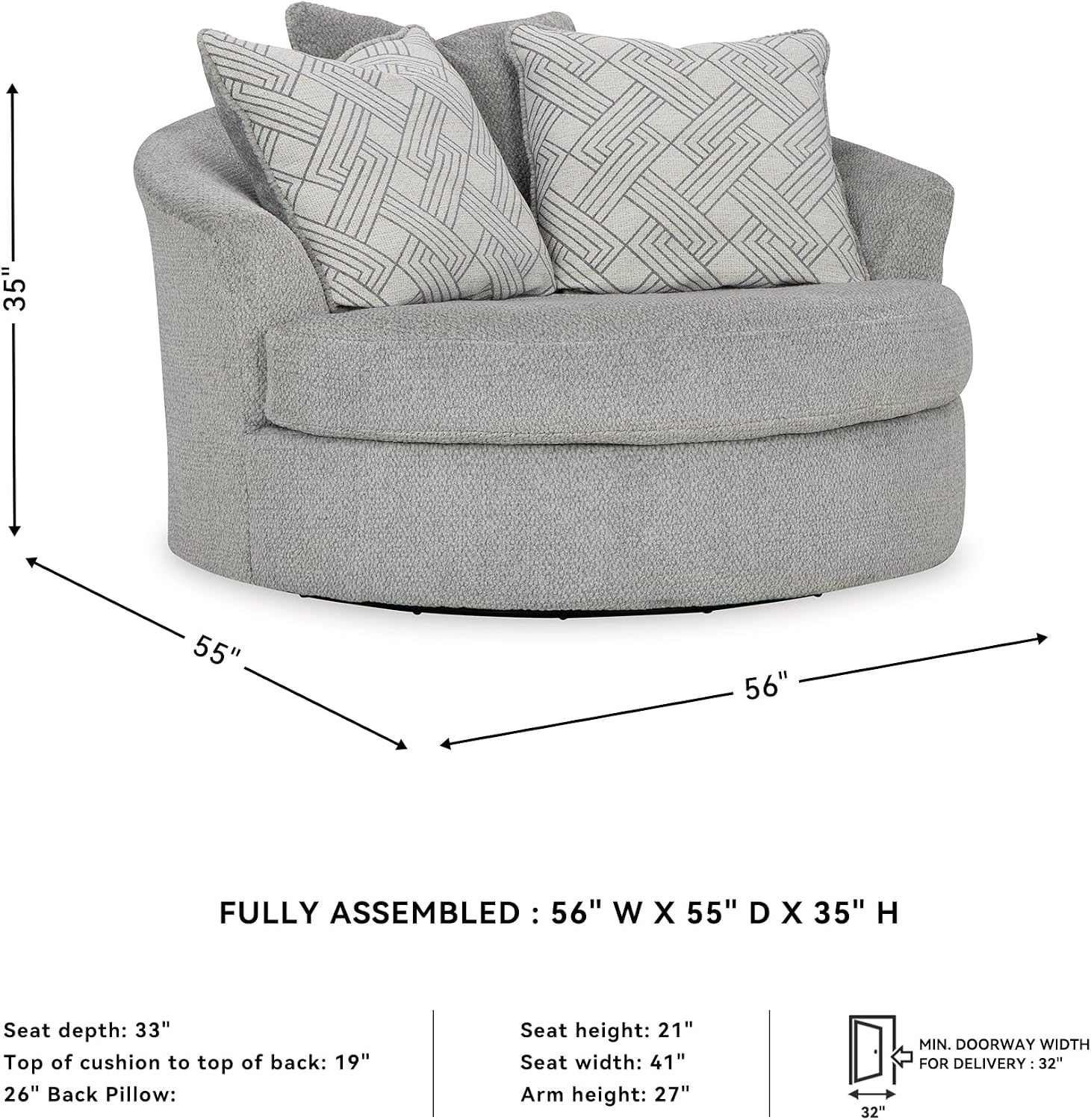 Signature Design by Ashley Casselbury Contemporary Upholstered Oversized Swivel Accent Chair with 3 Throw Pillows, Light Gray