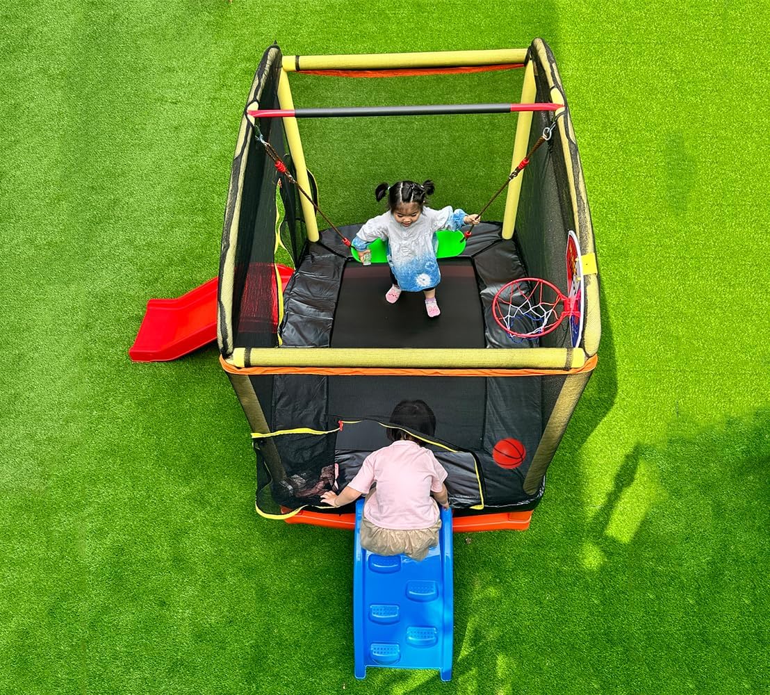 6.5FT Rectangle Trampoline with Swing Basketball Outdoor Climb Slide Trampoline for Kids Recreation Trampolines with Enclosure Safety Net
