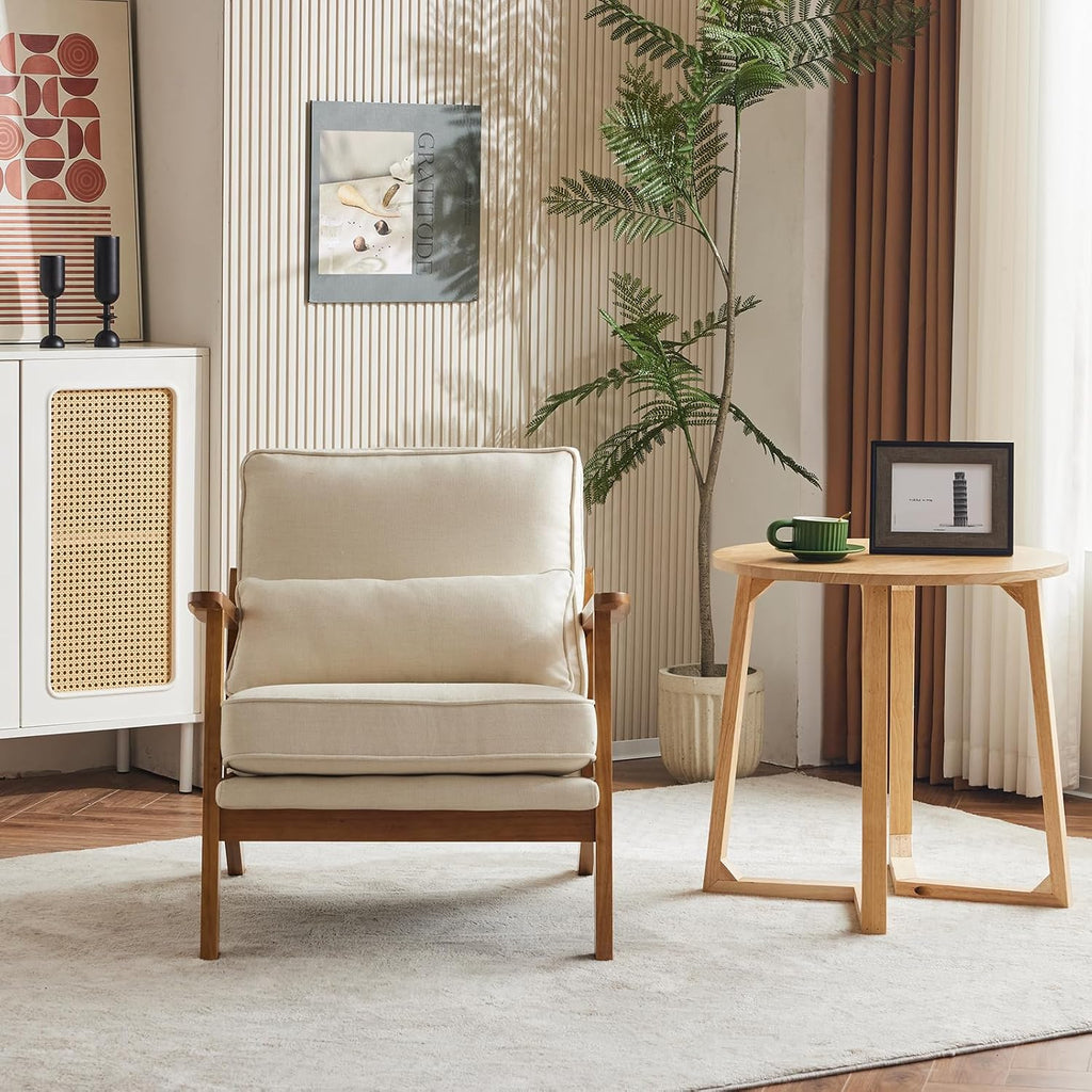 Karl home Accent Chair Wide Armrest Mid-Century Lounge Chair Linen Fabric Armchair with Lumbar Pillow & Solid Wood Frame for Living Room, Bedroom, Balcony, Beige