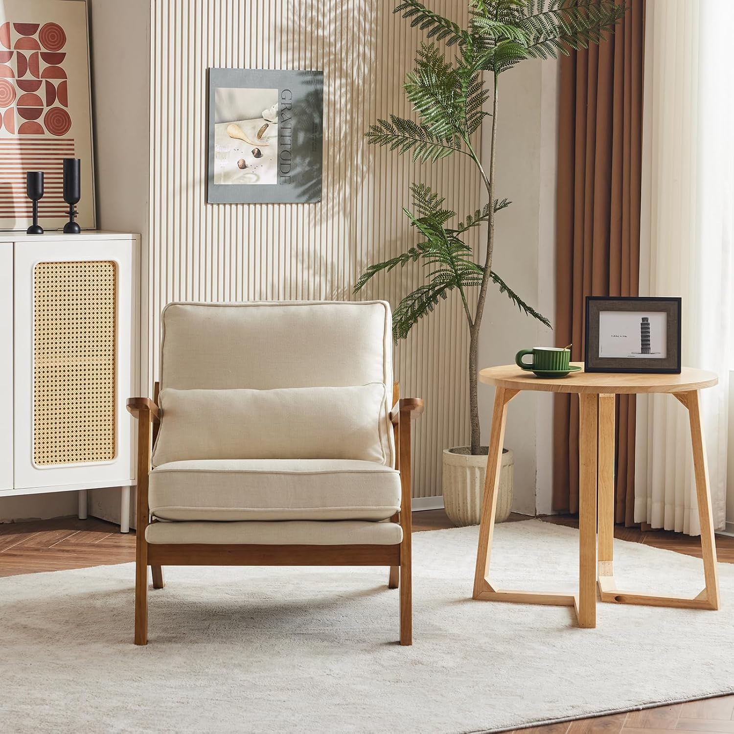 Karl home Accent Chair Wide Armrest Mid-Century Lounge Chair Linen Fabric Armchair with Lumbar Pillow & Solid Wood Frame for Living Room, Bedroom, Balcony, Beige