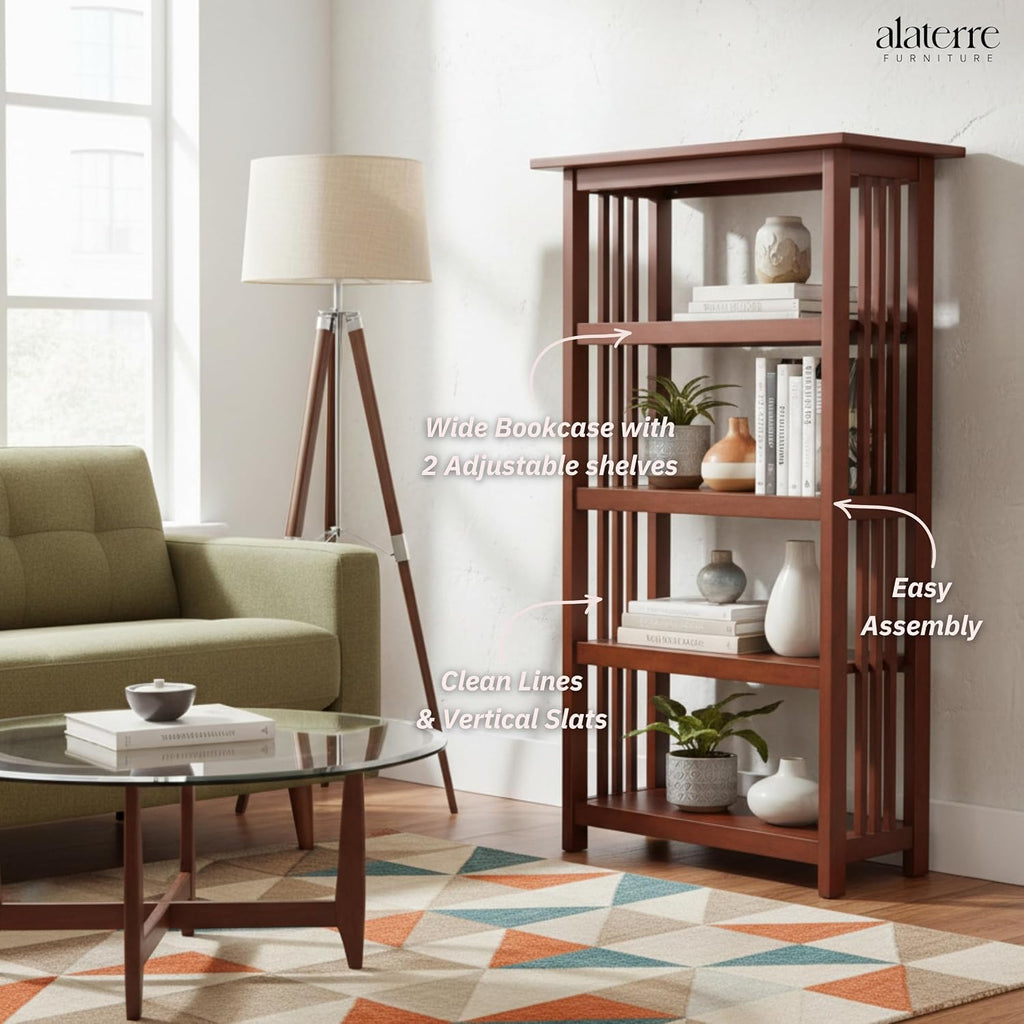 Alaterre Furniture Mission 4-Tier Bookcases with Adjustable Shelves – Mid-century Modern 48-Inch Wood Bookshelf for Living Room, Bedroom or Home Office (Cherry)