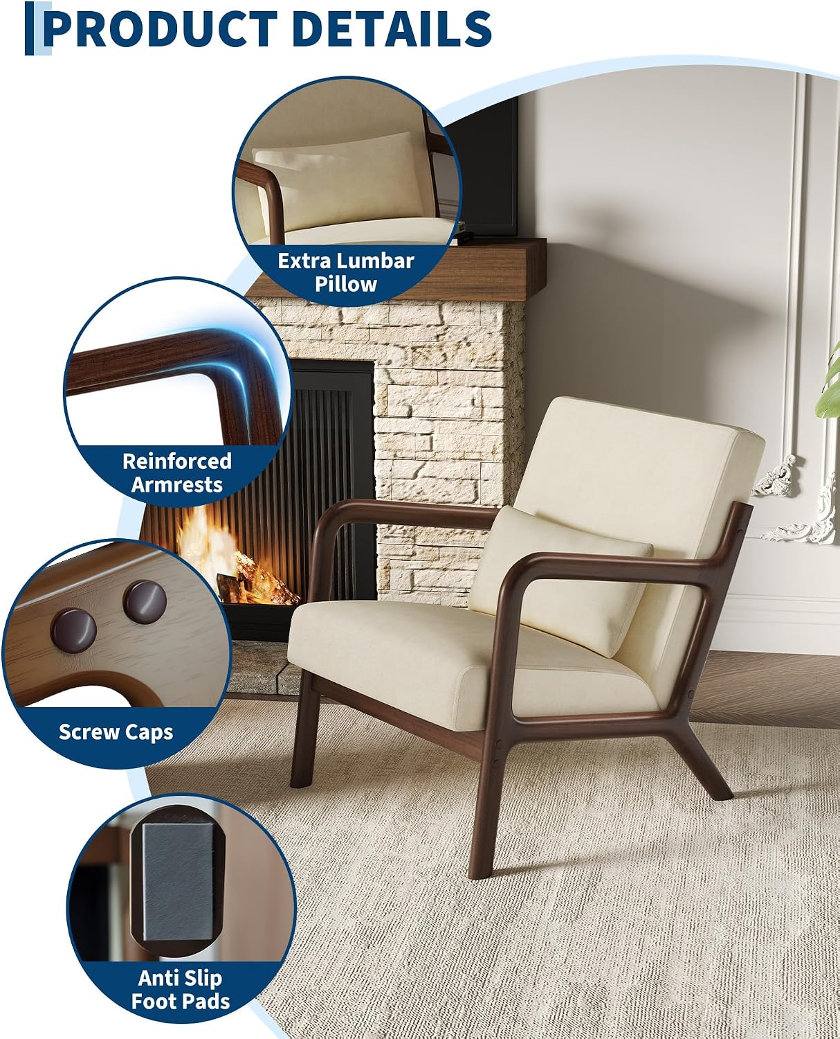Garvee Mid-Century Chenille Accent Chair Set of 2, Cozy Reading Chair, Modern Lounge Armchair with Lumbar Pillow, Sturdy Wood Frame, for Living Room, Bedroom, Office, Beige