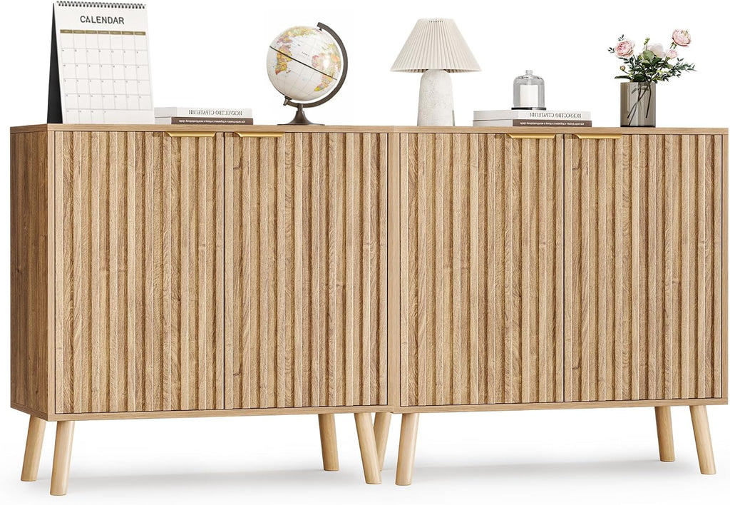 Pamapic Fluted Storage Cabinet, Sideboard Buffet Cabinet with Storage, Wood Credenza with Adjustable Shelves, Modern Accent Cabinet for Living Room, Kitchen, Entryway, Natural(2, Natural)