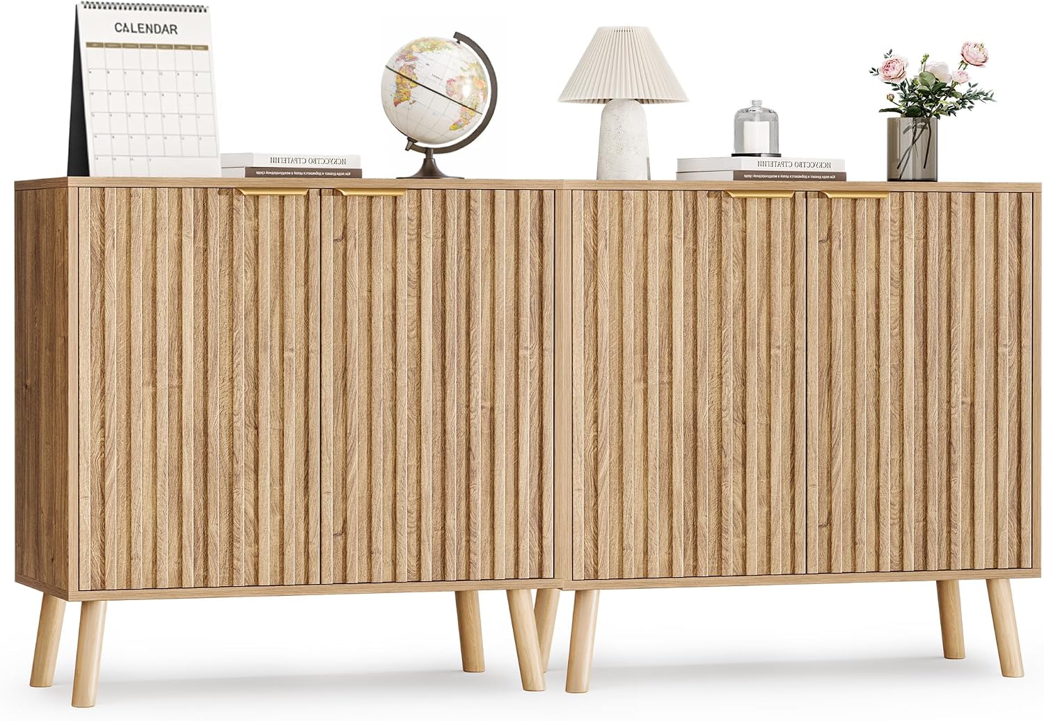 Pamapic Fluted Storage Cabinet, Sideboard Buffet Cabinet with Storage, Wood Credenza with Adjustable Shelves, Modern Accent Cabinet for Living Room, Kitchen, Entryway, Natural(2, Natural)