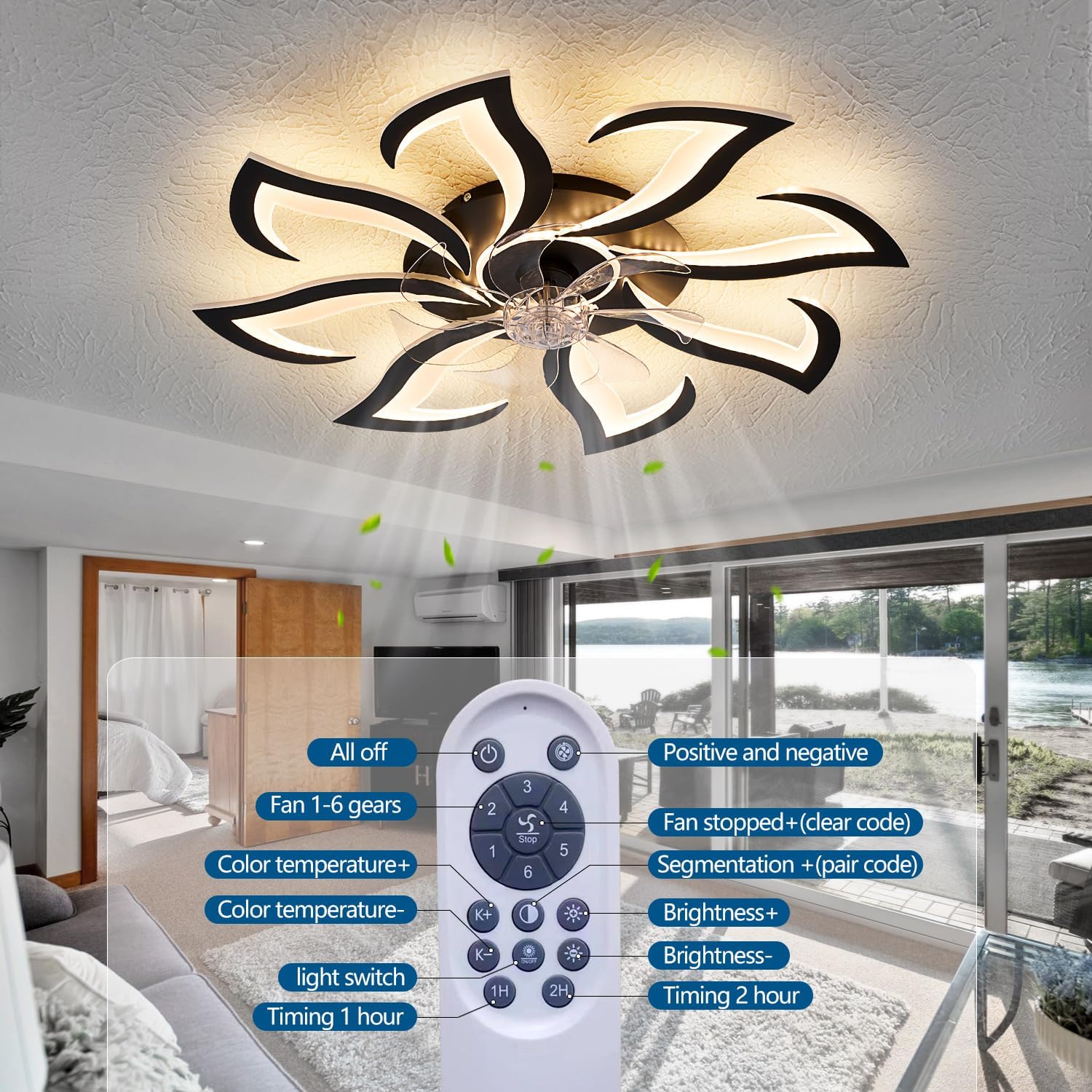 Dalouguan Modern Ceiling Fan with Lights and Remote Control, 32' Black Flush Mount Fan with 3 Light Colors, 6 Speeds, Low Profile for Kitchen and Bedroom