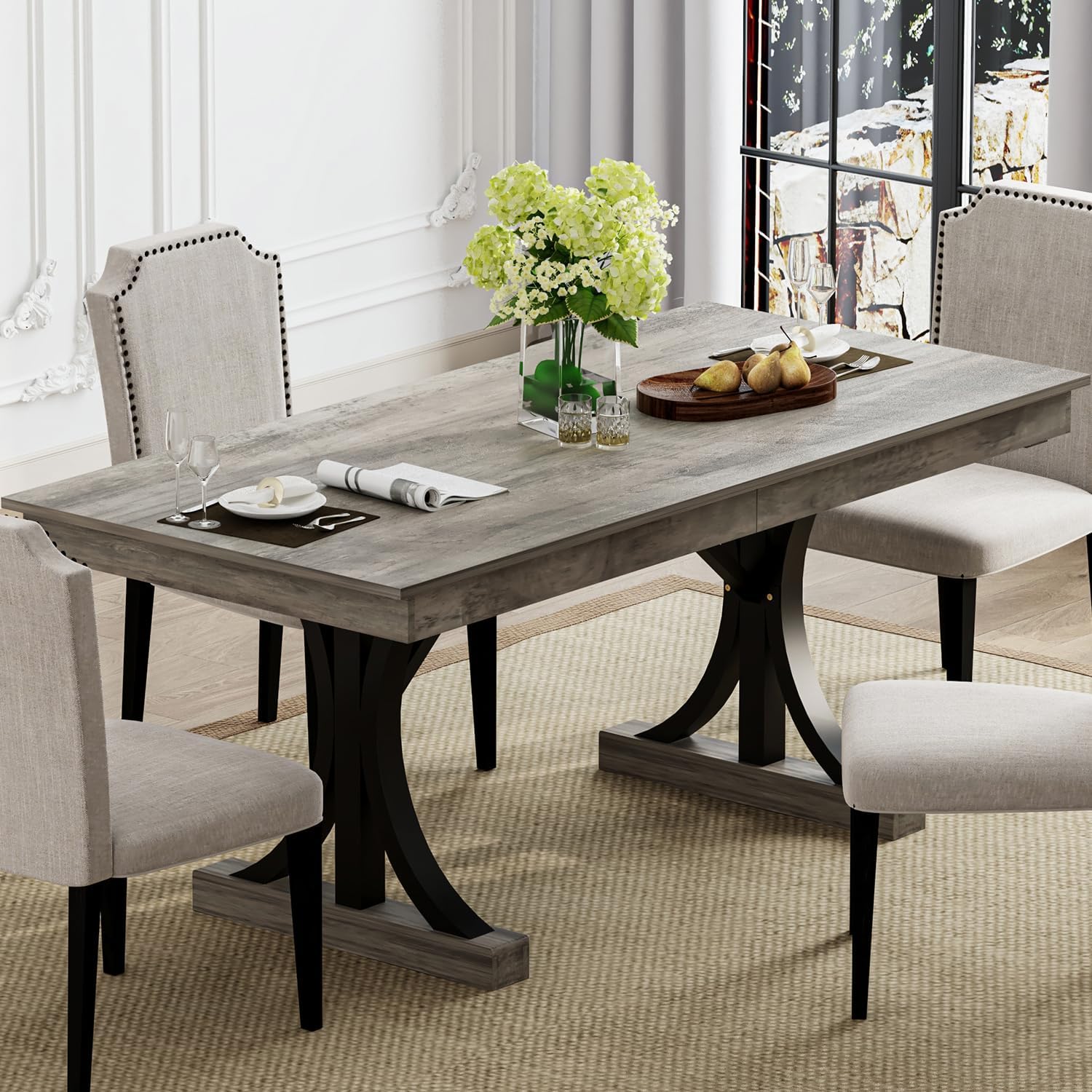 IDEALHOUSE Wood Dining Table for 6-8 with 2 Large Drawers, 70.87' Long Farmhouse Rectangular Kitchen Dining Table & Thick Table Top, Sturdy Frame, for Big Family, Dinette, Rustic Gray