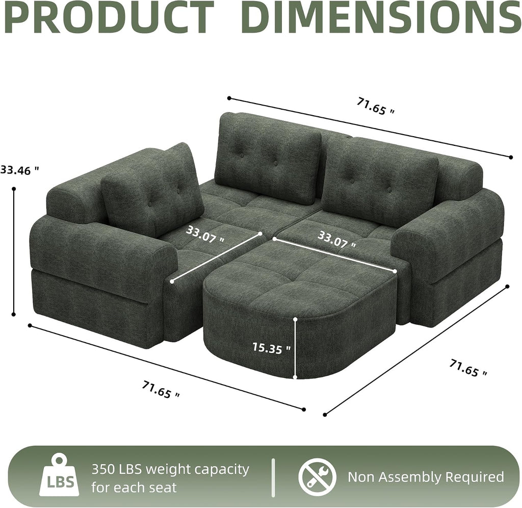 112' Compressed Boneless Sectional Sofa with Movable Ottoman Convertible L Shaped Modular Corner Couch for Living Room - Oversized Cloud Couches W/Tufted Cushions and Deep Seat