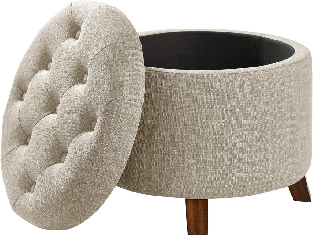 Amazon Basics Round Storage Ottoman Foot Rest, Button Tufted Upholstered Footstool with Storage, Sturdy Linen Fabric for Living Room and Bedroom, 20' x 17', Beige
