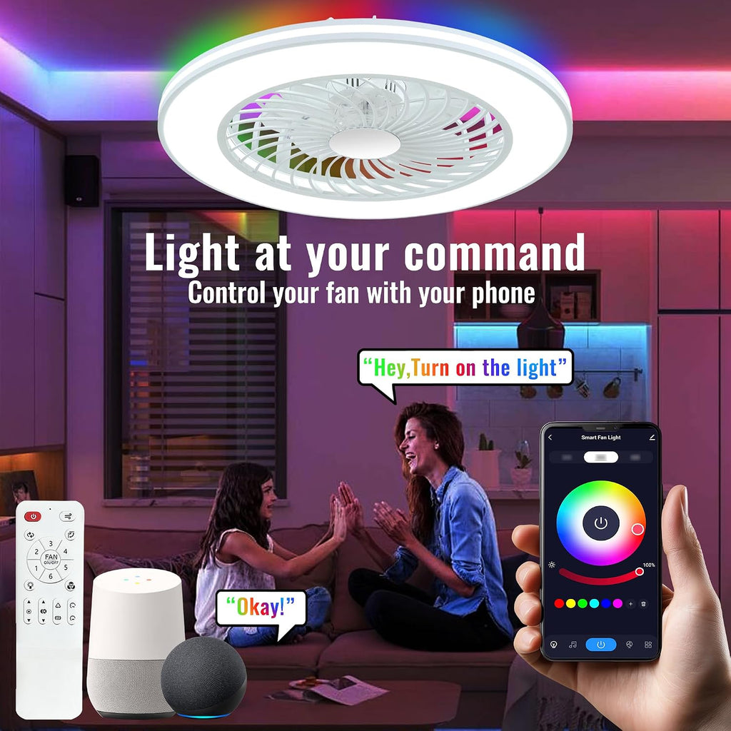 24'' Low Profile Bladeless Ceiling Fans with Lights, Remote/APP/Alexa Smart Control, RGB & 3CCT Dimmable, Flush Mount Ceiling Fan with 6-Speed Reversible for Bedroom Living Room