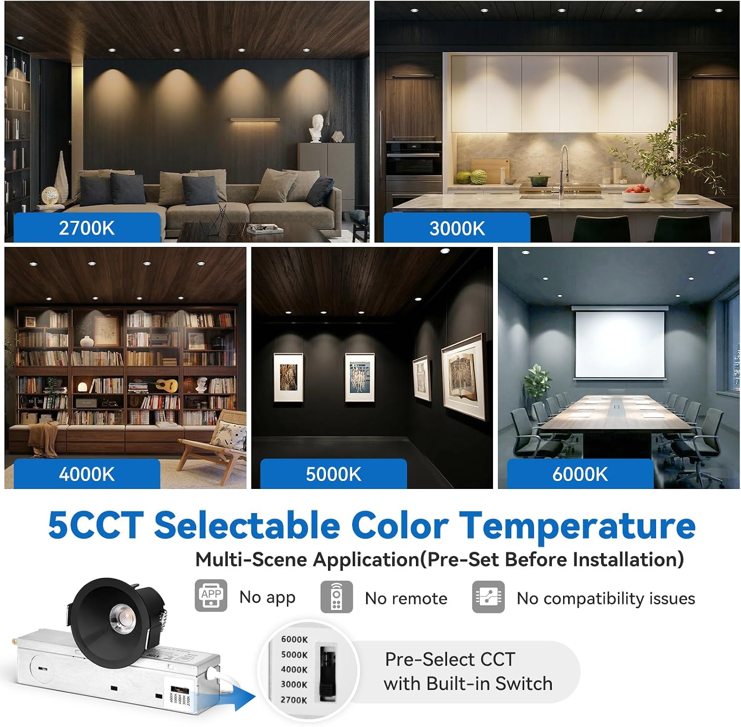 CycevSun Anti-Glare Black 2 Inch Recessed Lights, COB Canless Ceiling Spotlight Indoor, 5CCT Selectable, 130lm/W, RA95 Small Exterior Soffit Lights, 8W, Dimmable, ETL, IP44 Damp Rated, 12-Pack