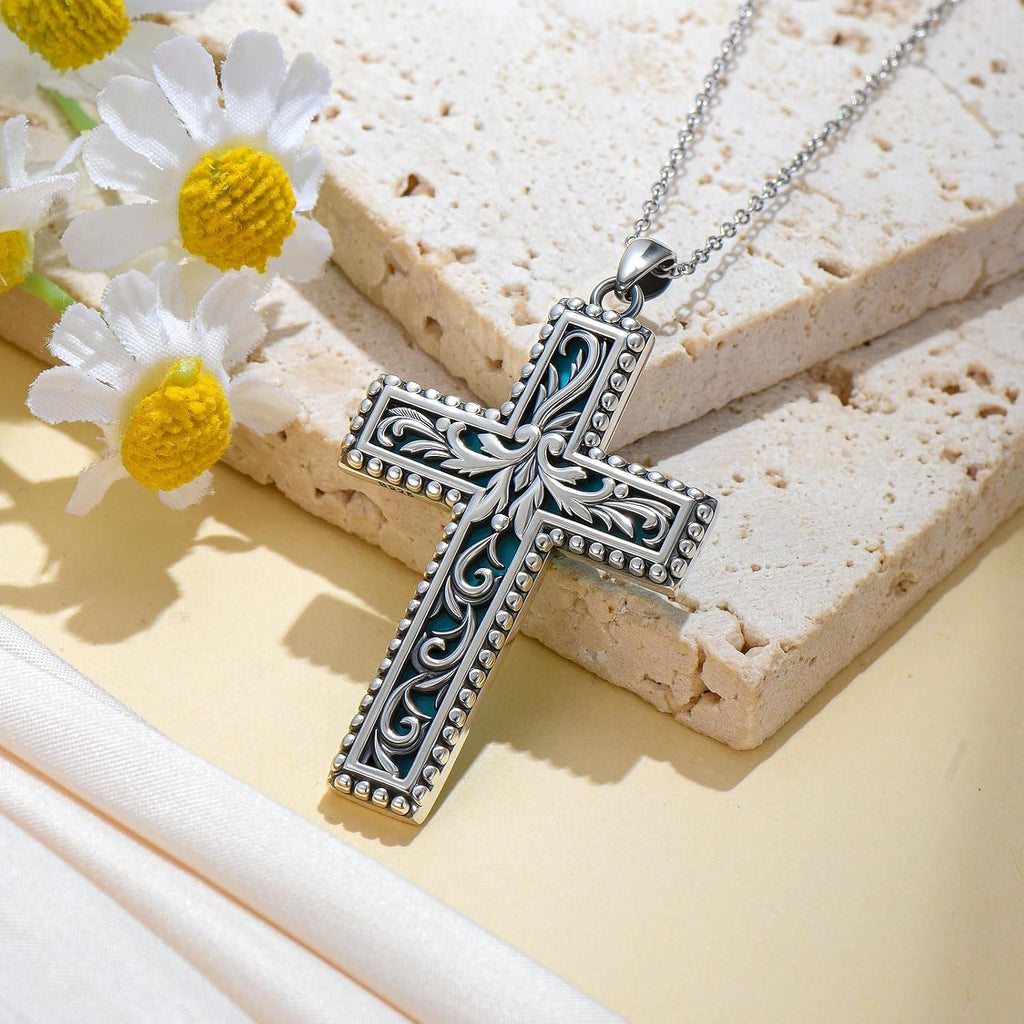 Natural Turquoise Cross Pendant Necklace for Women 925 Sterling Silver 1.2mm Cable Chain and Pendant with Genuine Turquoise Jewelry Gifts for Her 147022