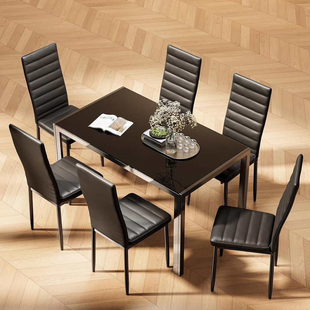 Bealife Kitchen Dining Table Set for 6, Tempered Glass 7 Piece Table and Chairs Set Modern for Home, Kitchen, Living Room, Dining Room,Black
