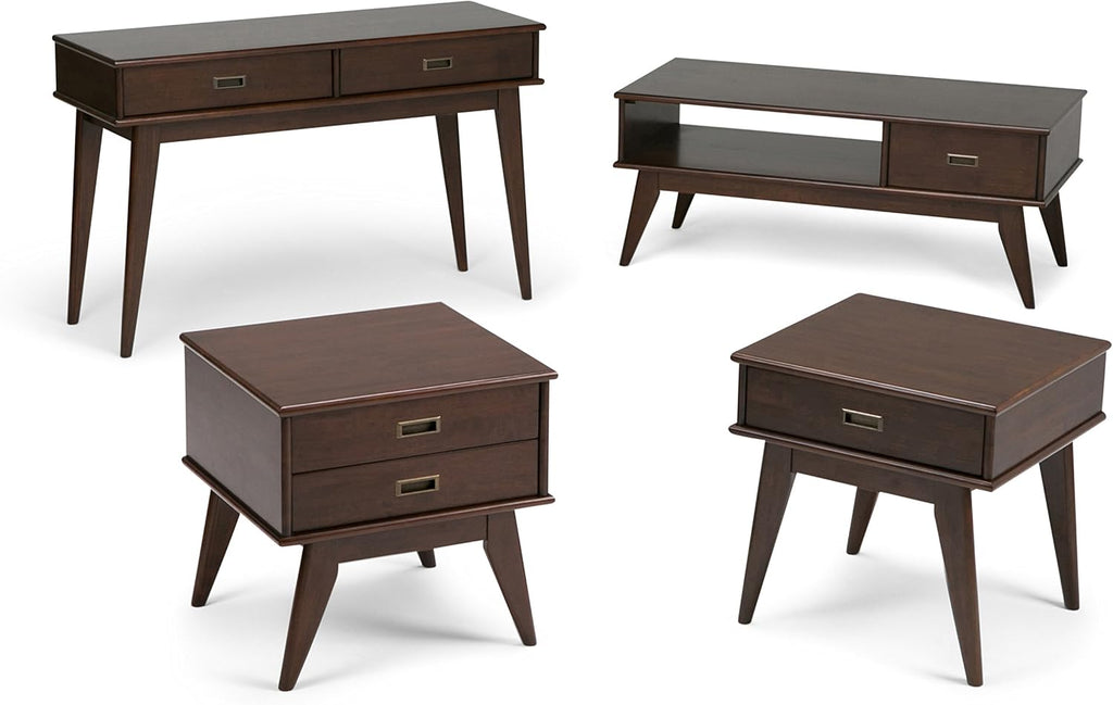 SIMPLIHOME Draper Side Table - 22 inch Wide Solid Hardwood Rectangular End Table with 2 Storage Drawers in Medium Auburn Brown, Mid-Century Modern Nightstand or Lamp Stand for Living Room or Bedroom