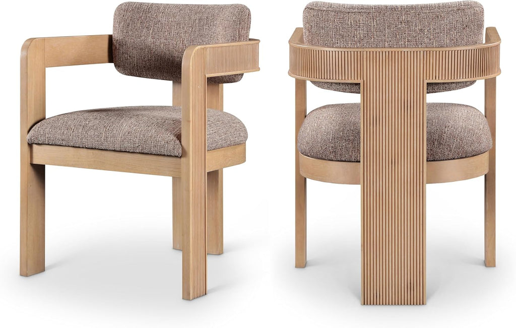 Meridian Furniture Sacha Collection Art Deco Dining Chair, Solid Fluted Wood, 22.5' W x 22' D x 31' H, Set of 2 (Brown, Natural Finish, Linen Textured Fabric)